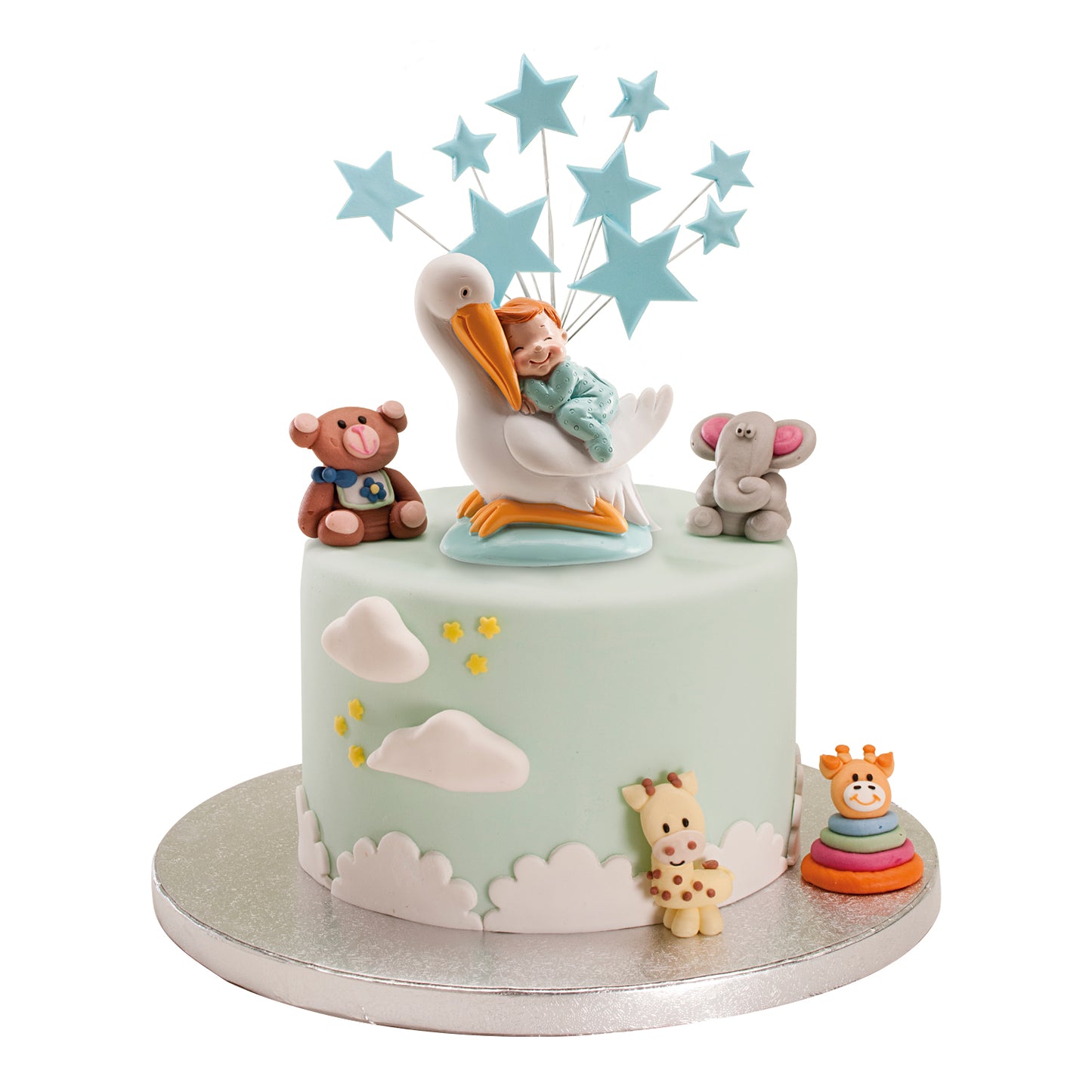 FIGURINE POUR GÂTEAU DE BAPTÊME CIGOGNE ENDORMIE BLEUE 10CM