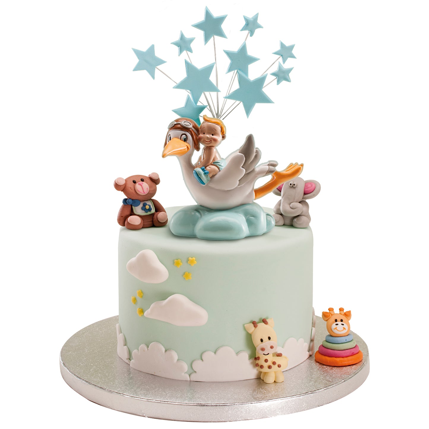 FIGURA PARA TARTA DE BAUTIZO CIGÜEÑA VOLANDO AZUL 10CM