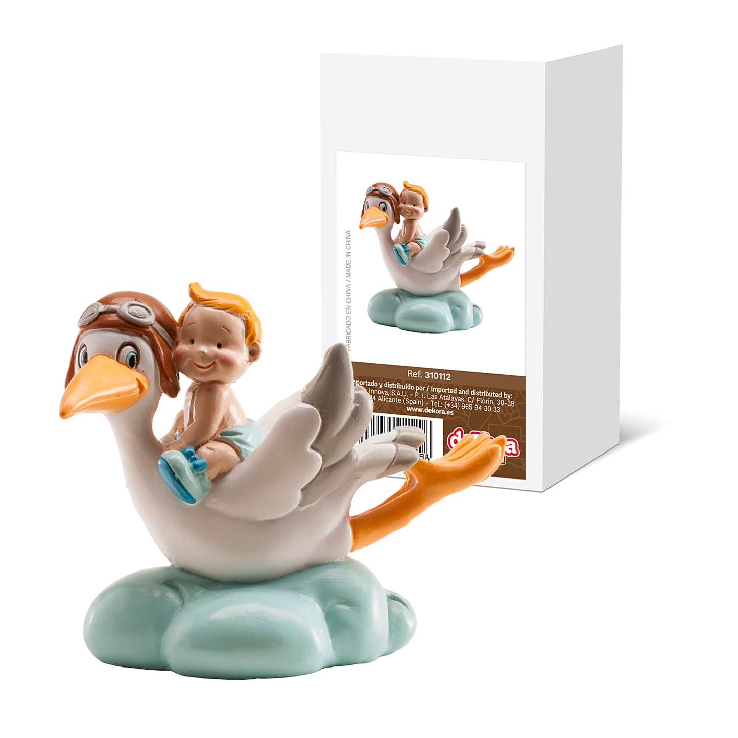 FIGURA PARA TARTA DE BAUTIZO CIGÜEÑA VOLANDO AZUL 10CM
