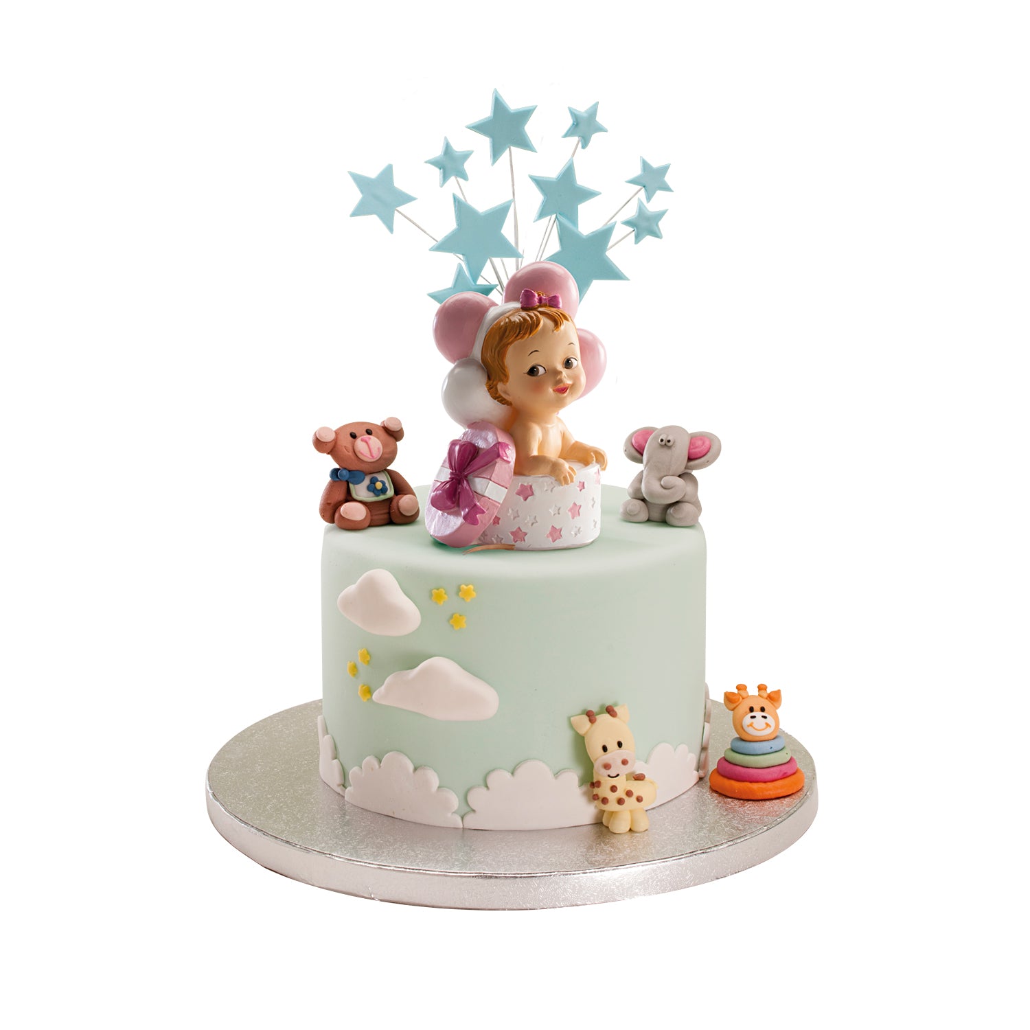 FIGURA BOLO BATIZADO MENINA COM PRESENTE E BALOES 10,5 CM
