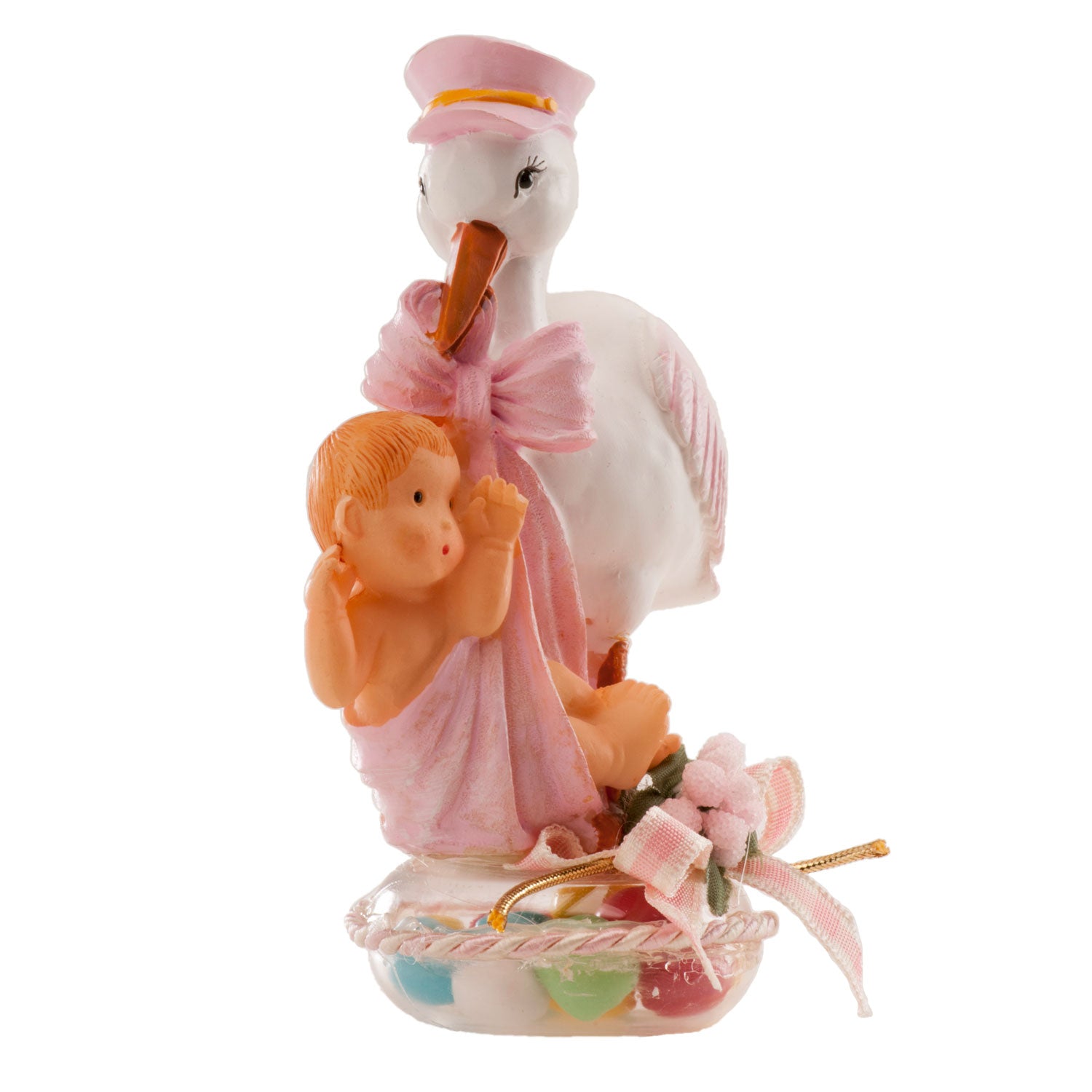 PRESENTACIÓN BAUTIZO CIGÜEÑA CON GORRA ROSA 11X5CM (BANDEJA 75X70X40CM)