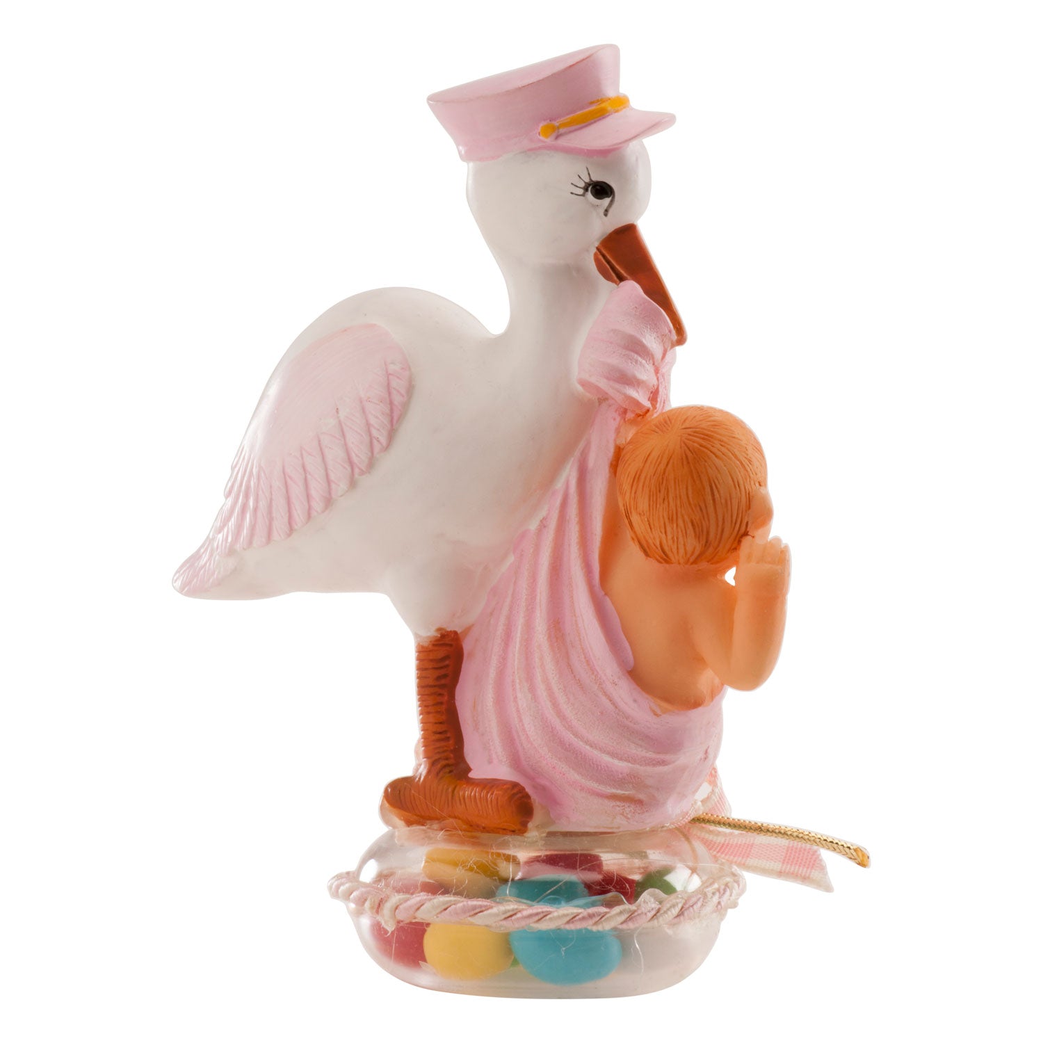 PRESENTACIÓN BAUTIZO CIGÜEÑA CON GORRA ROSA 11X5CM (BANDEJA 75X70X40CM)