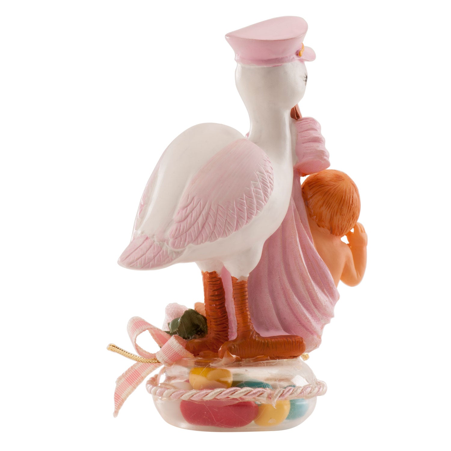 PRESENTACIÓN BAUTIZO CIGÜEÑA CON GORRA ROSA 11X5CM (BANDEJA 75X70X40CM)