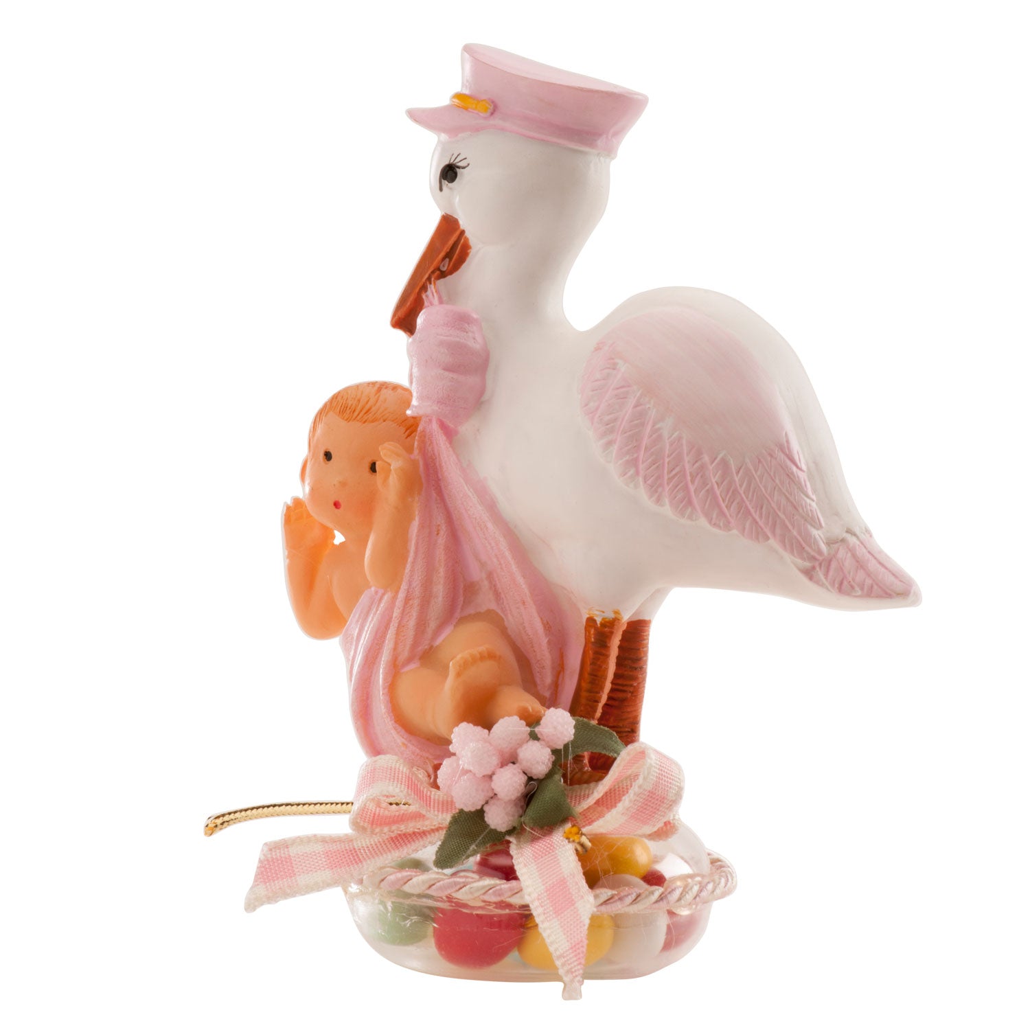 PRESENTACIÓN BAUTIZO CIGÜEÑA CON GORRA ROSA 11X5CM (BANDEJA 75X70X40CM)