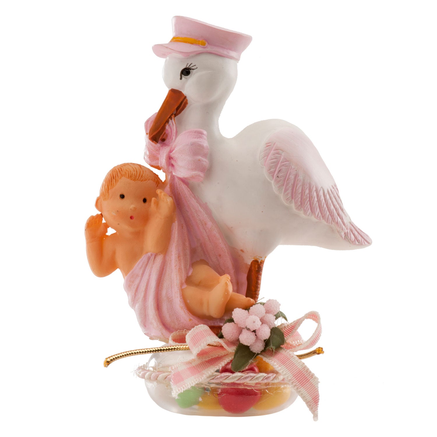 PRESENTACIÓN BAUTIZO CIGÜEÑA CON GORRA ROSA 11X5CM (BANDEJA 75X70X40CM)