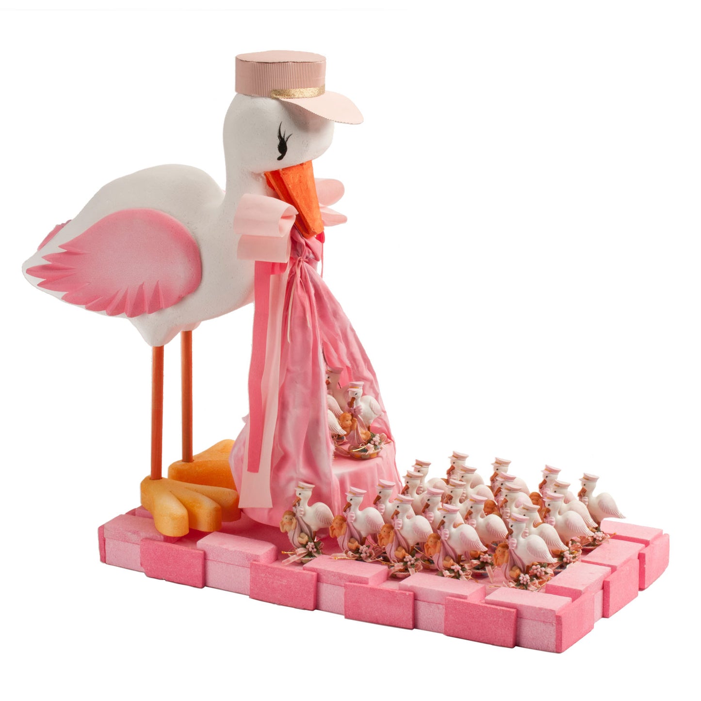 PRESENTACIÓN BAUTIZO CIGÜEÑA CON GORRA ROSA 11X5CM (BANDEJA 75X70X40CM)