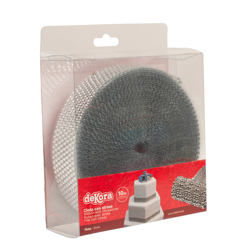 CINTA DE STRASS PARA TARTAS 8 LINEAS PLATA 10 METROS