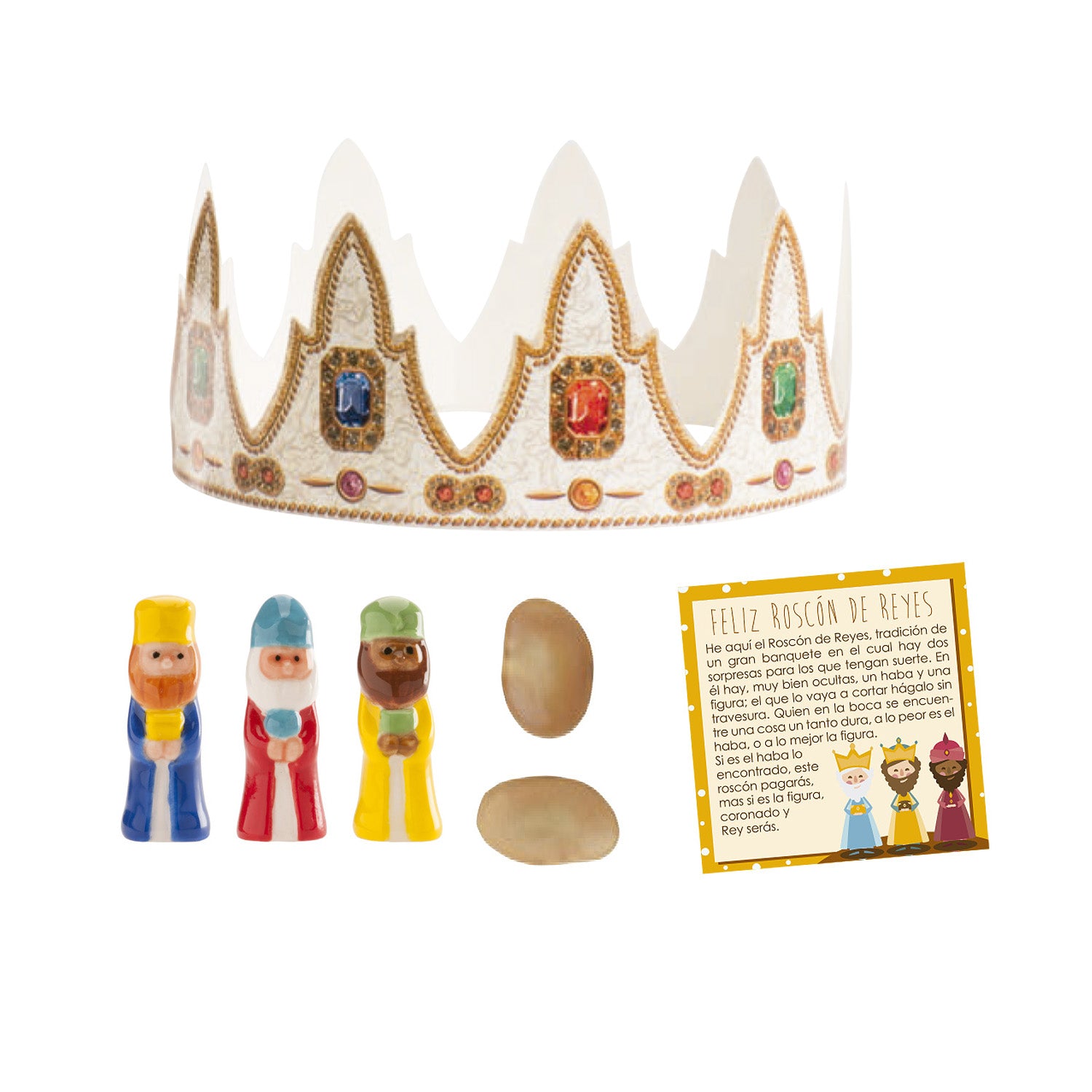 BOX OF ASSORTED KING CAKE CROWN DIADEMA, PORCELAIN KING AND CASTELLANO CARD