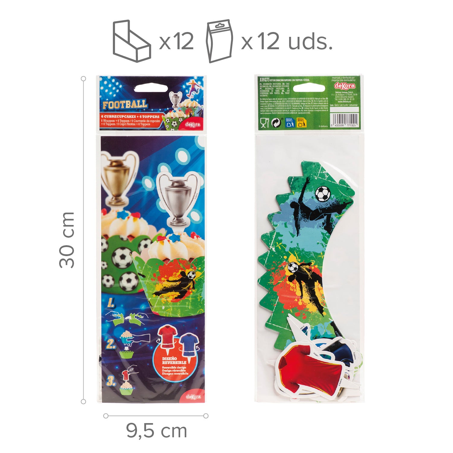 KIT DECO CAISSETTES CUPCAKES AVEC TOPPERS FOOTBALL 12 UNITÉS