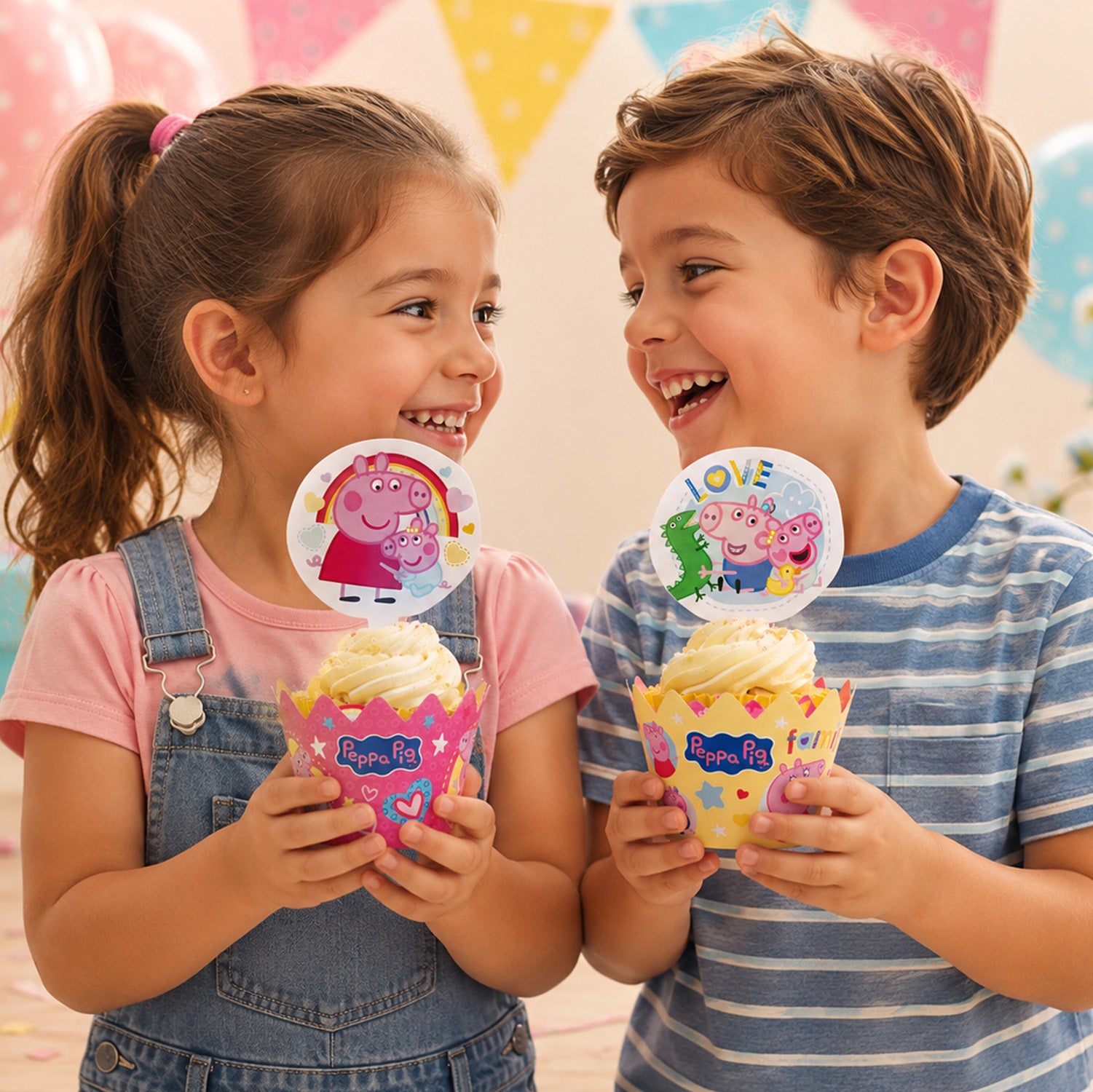 KIT DECORACIÓN ENVOLTURA CUPCAKE CON TOPPERS PEPPA PIG 12U