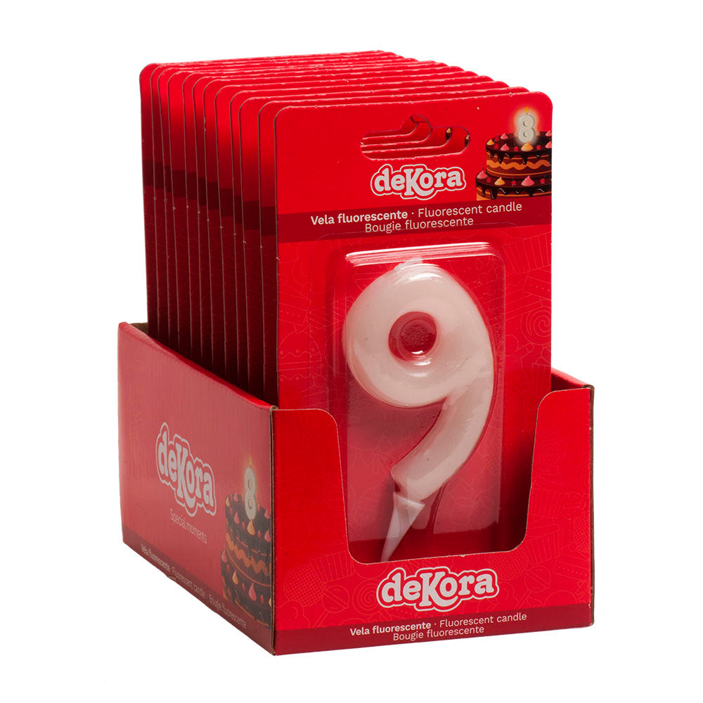 DISPLAY 12 FLUOR BIRTHDAY CANDLES Nº9 6CM