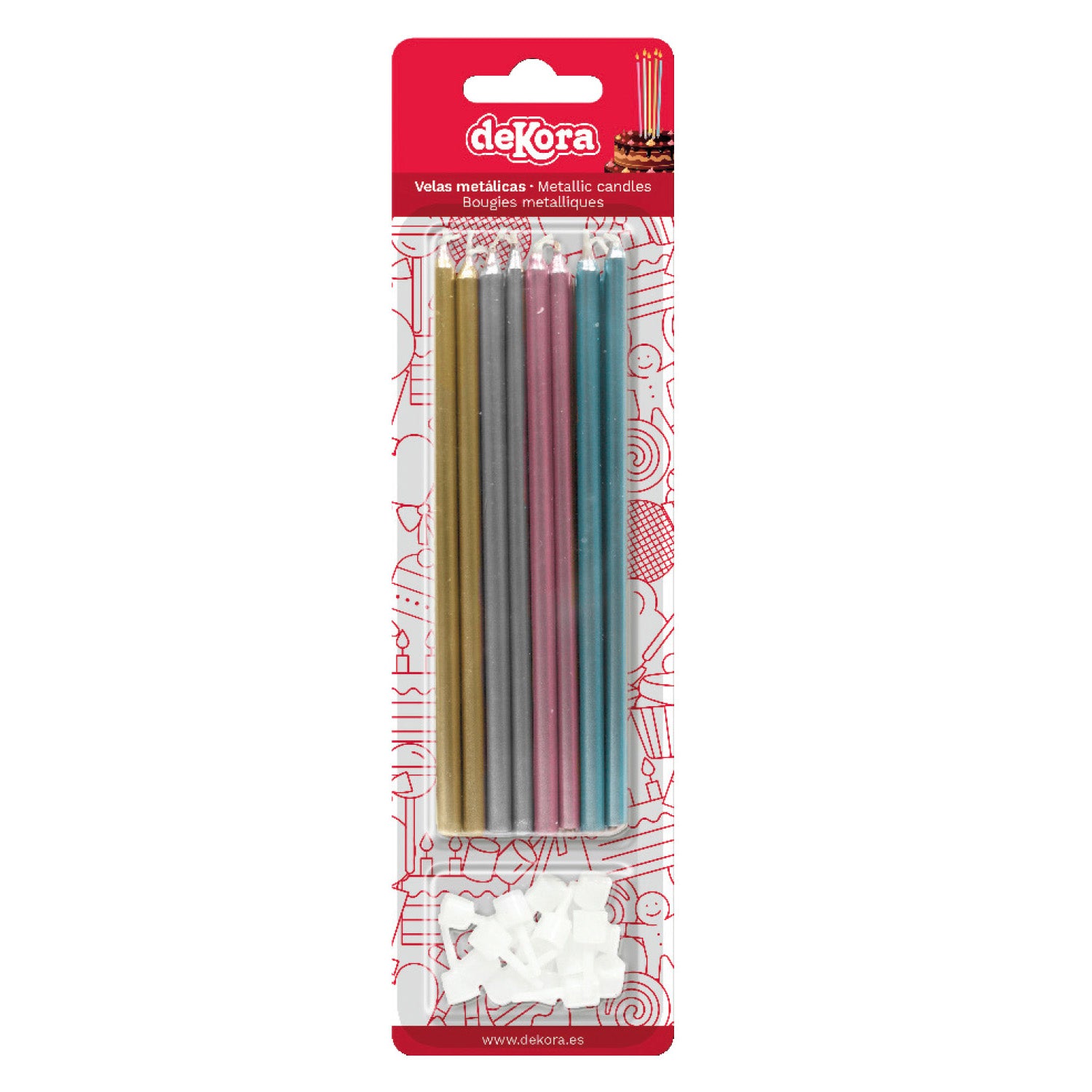 BLISTER 16 METALLIC GOLD, SILVER, PINK & BLUE BIRTHDAY CANDLES 13 CM