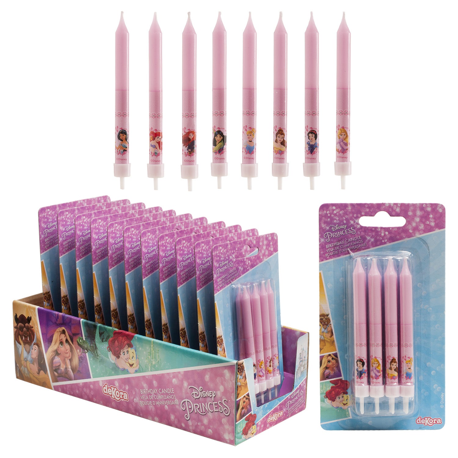 DISPLAY 12 BLISTER 8 VELAS PALILLO CUMPLEAÑOS PRINCESAS 9CM
