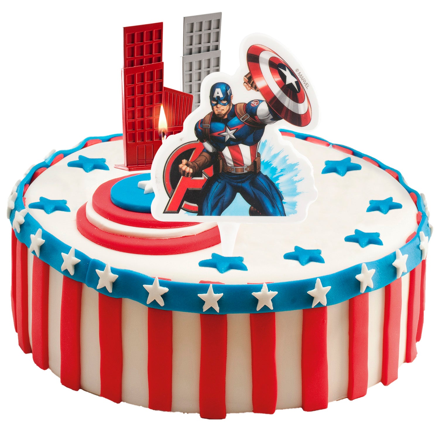 DISPLAY 12 BOUGIES ANNIVERSAIRE 2D "LES VENGEURS" CAPTAIN AMERICA 7,5 CM