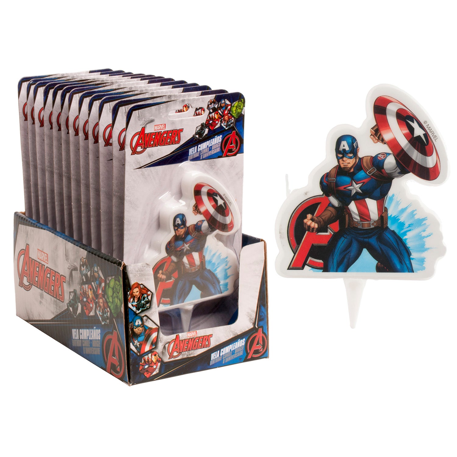DISPLAY 12 BOUGIES ANNIVERSAIRE 2D "LES VENGEURS" CAPTAIN AMERICA 7,5 CM