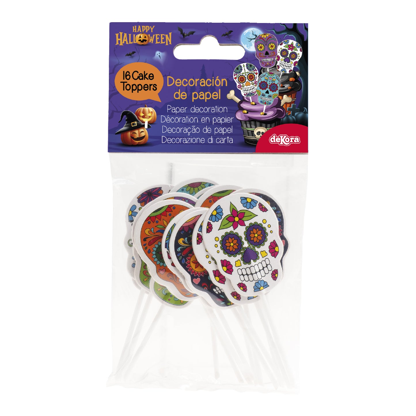 HALLOWEEN SKULL PAPER CAKE TOPPERS 16 PCS