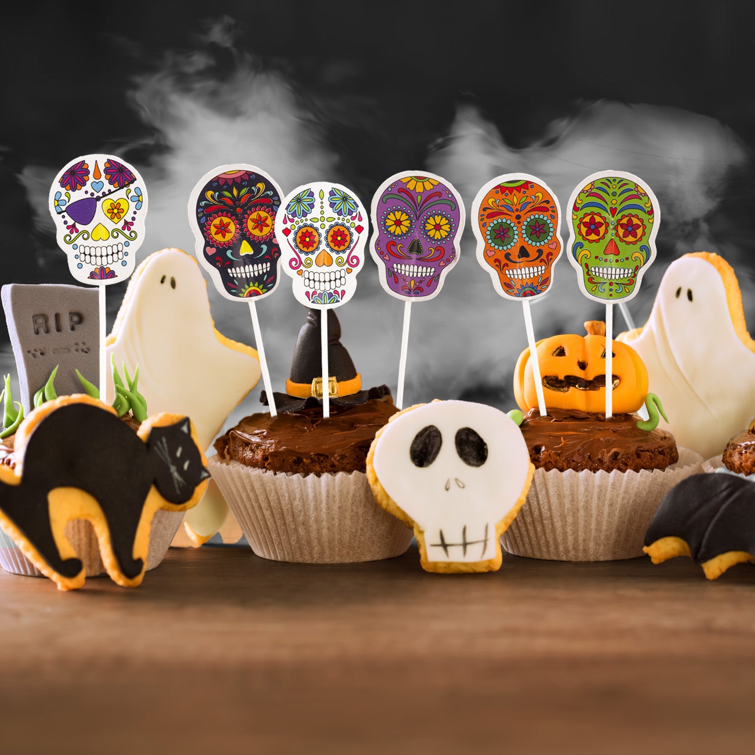 HALLOWEEN SKULL PAPER CAKE TOPPERS 16 PCS