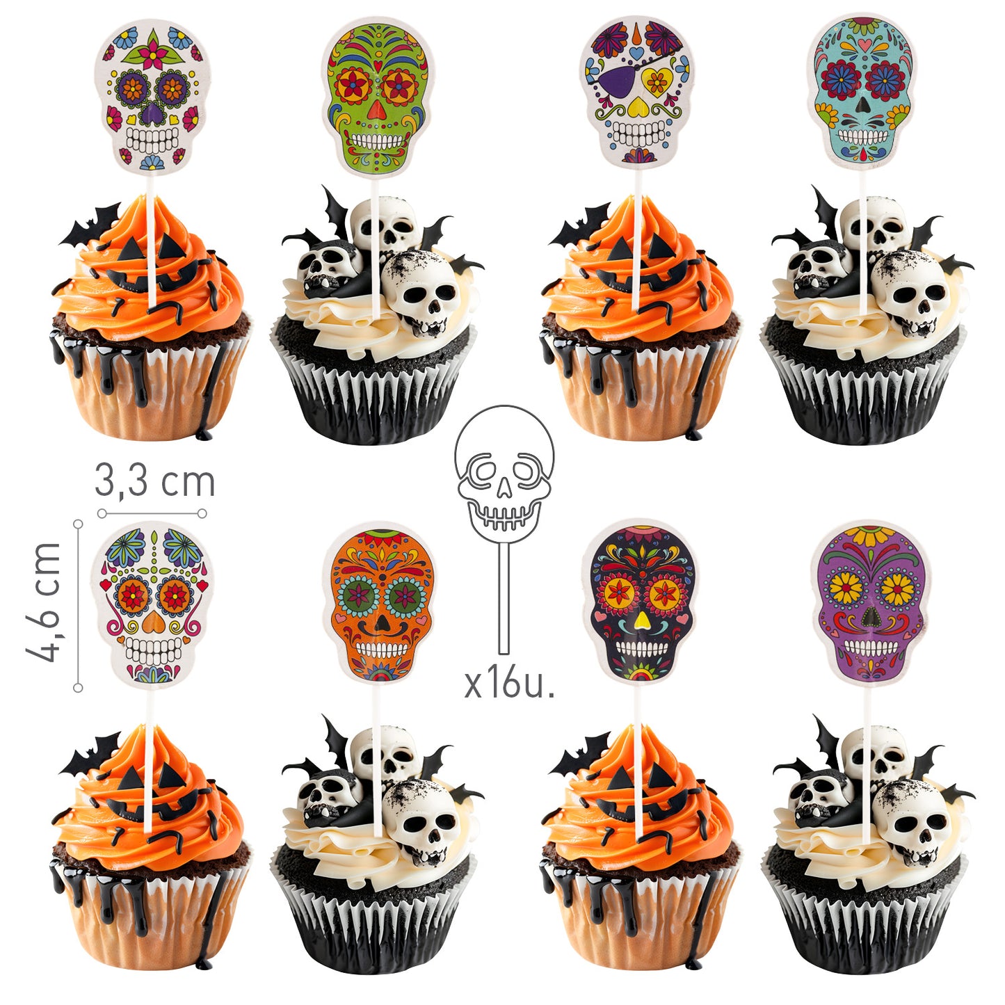HALLOWEEN SKULL PAPER CAKE TOPPERS 16 PCS