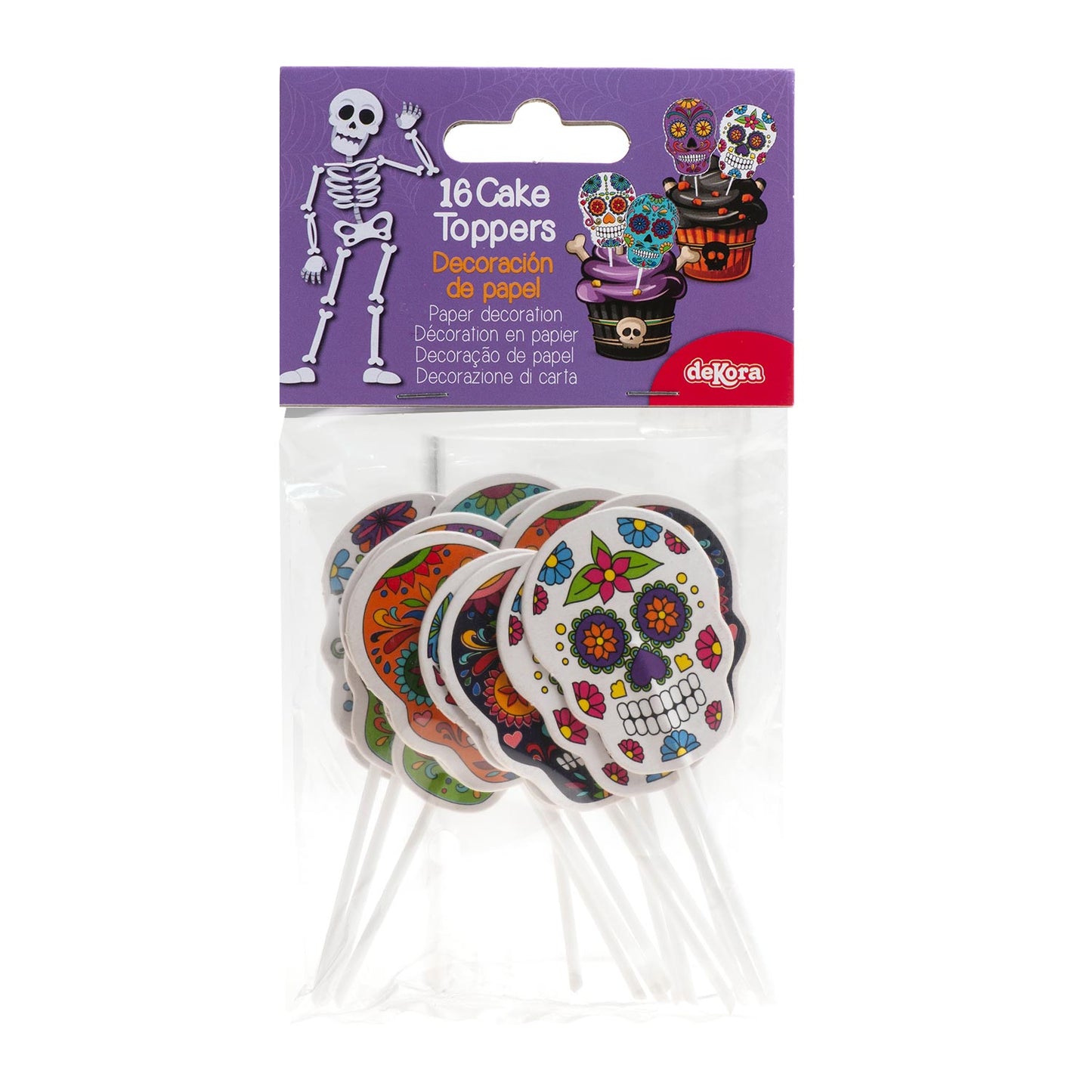 HALLOWEEN SKULL PAPER CAKE TOPPERS 16 PCS