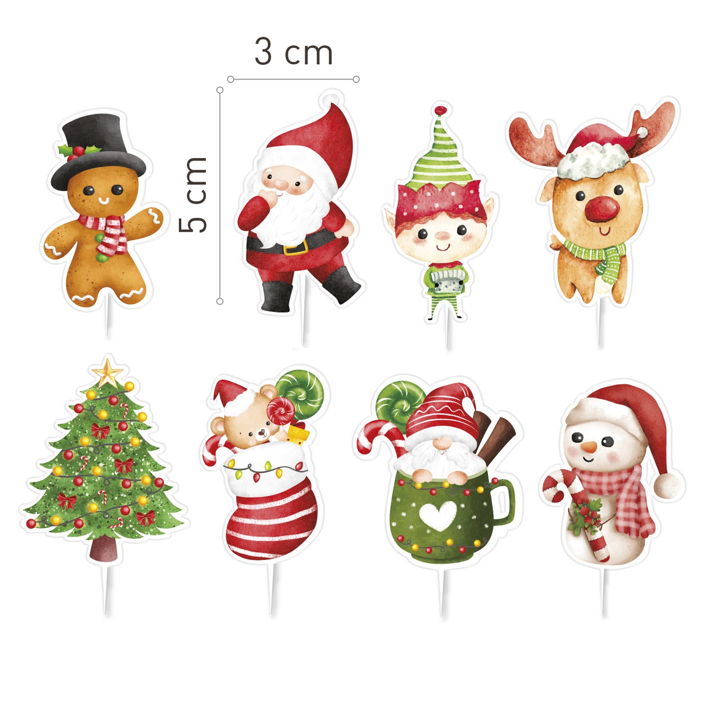 CAKE TOPPERS DE PAPEL DE NAVIDAD 8 DISEÑOS ACUARELA 16 UND