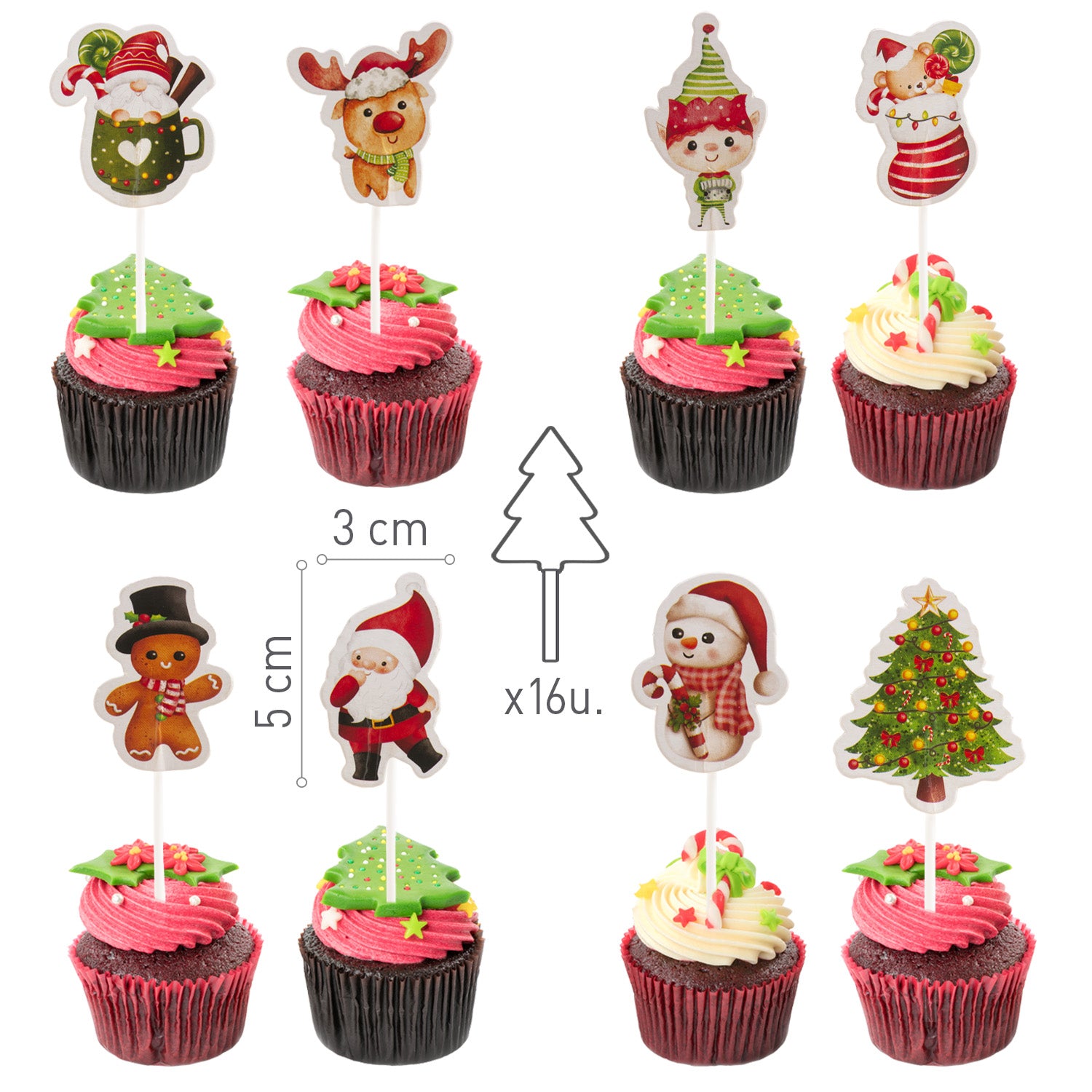 CAKE TOPPERS DE PAPEL DE NAVIDAD 8 DISEÑOS ACUARELA 16 UND