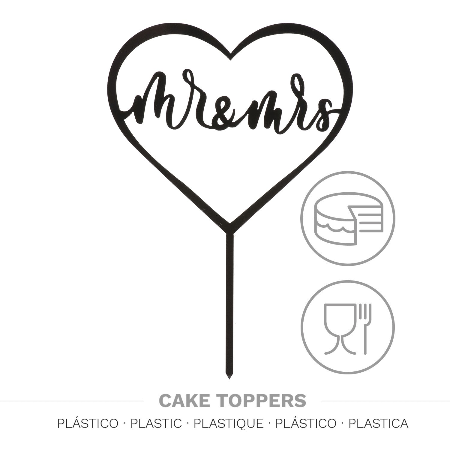 CAKE TOPPER MR AND MRS BLACK HEART 15X10CM