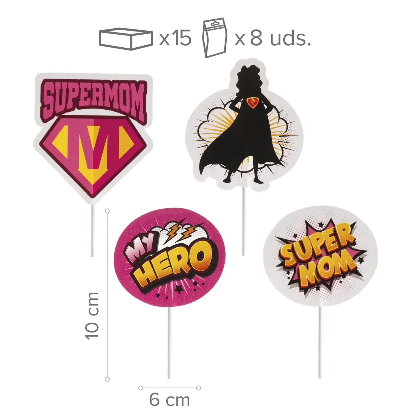 CAKE TOPPERS PAPEL SUPERMOM 4 MODELOS 8 UNIDADES