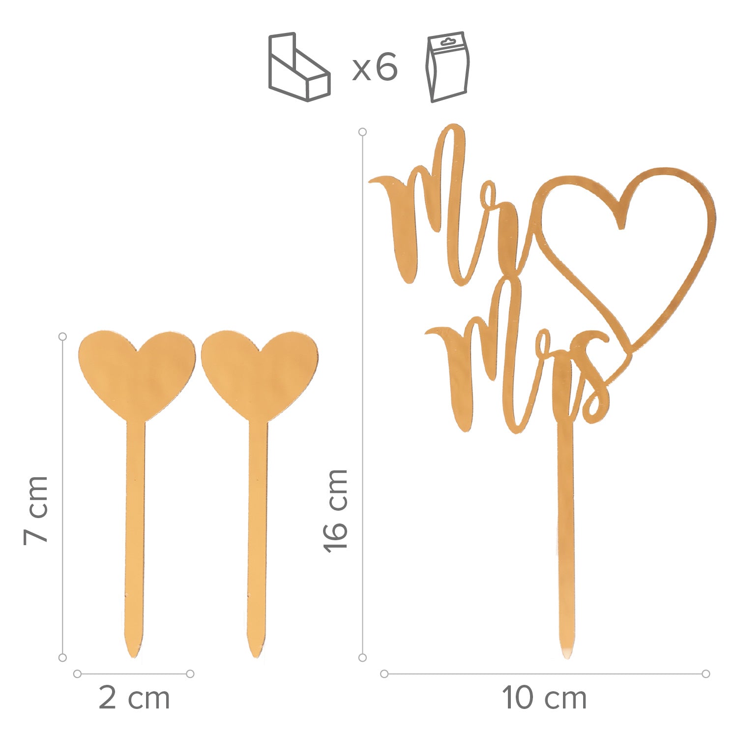 TOPPER DE BOLO MR AND MRS E 2 CORAÇÕES DOURADOS 10X16CM - 2.