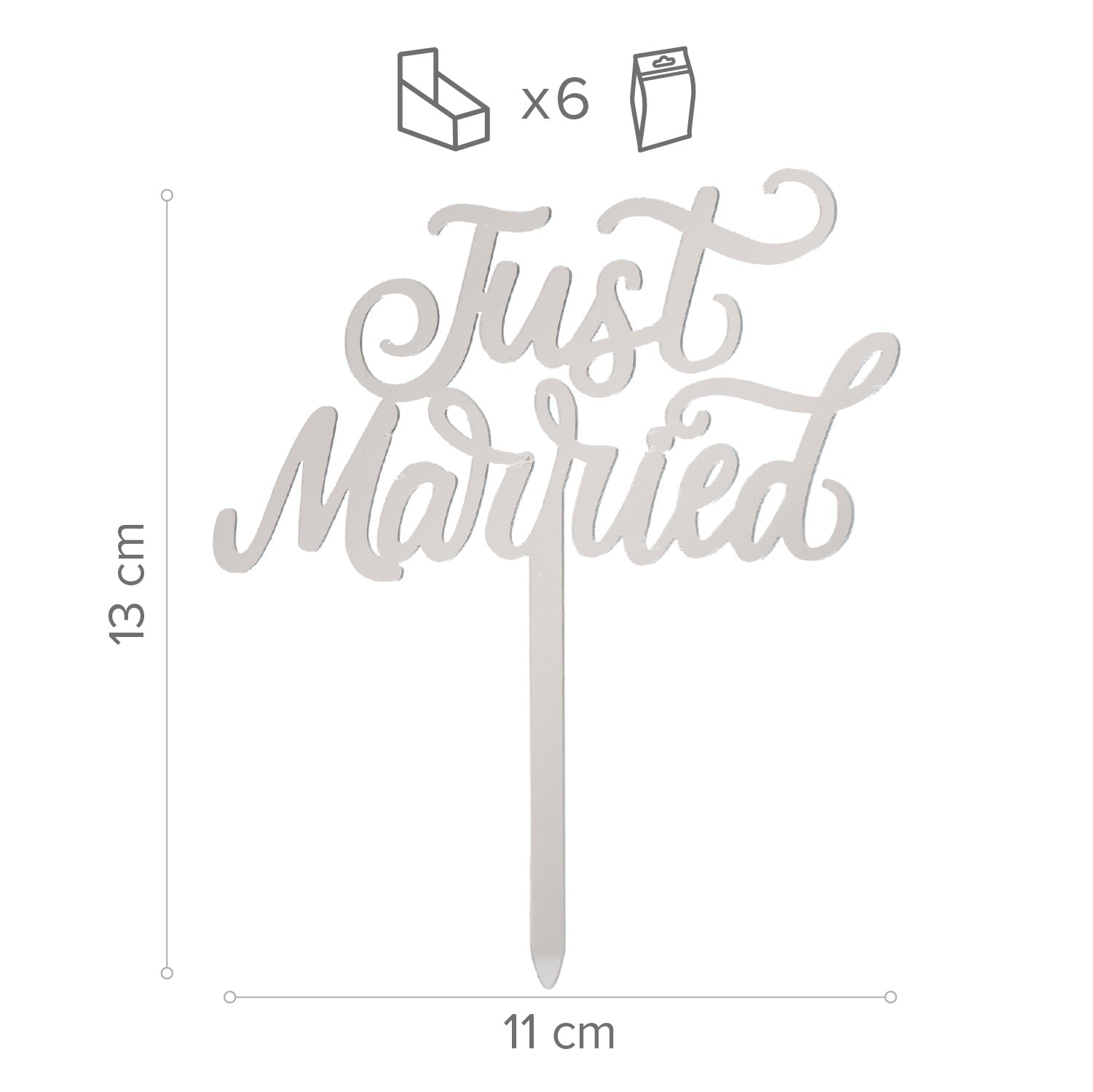 TOPPER DE BOLO JUST MARRIED PRATA 11X13CM