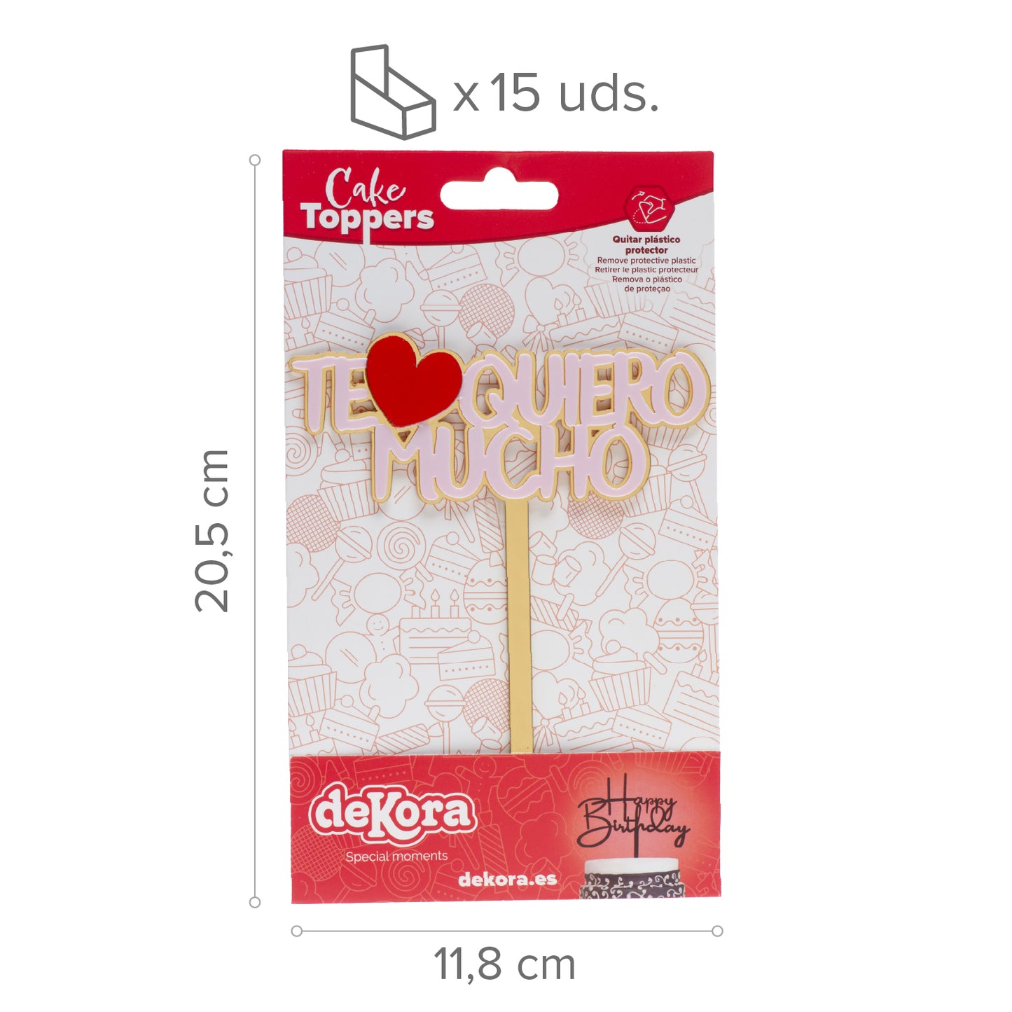 CAKE TOPPER EU TE AMO MUITO DOURADO E ROSA 11,5X13,5CM