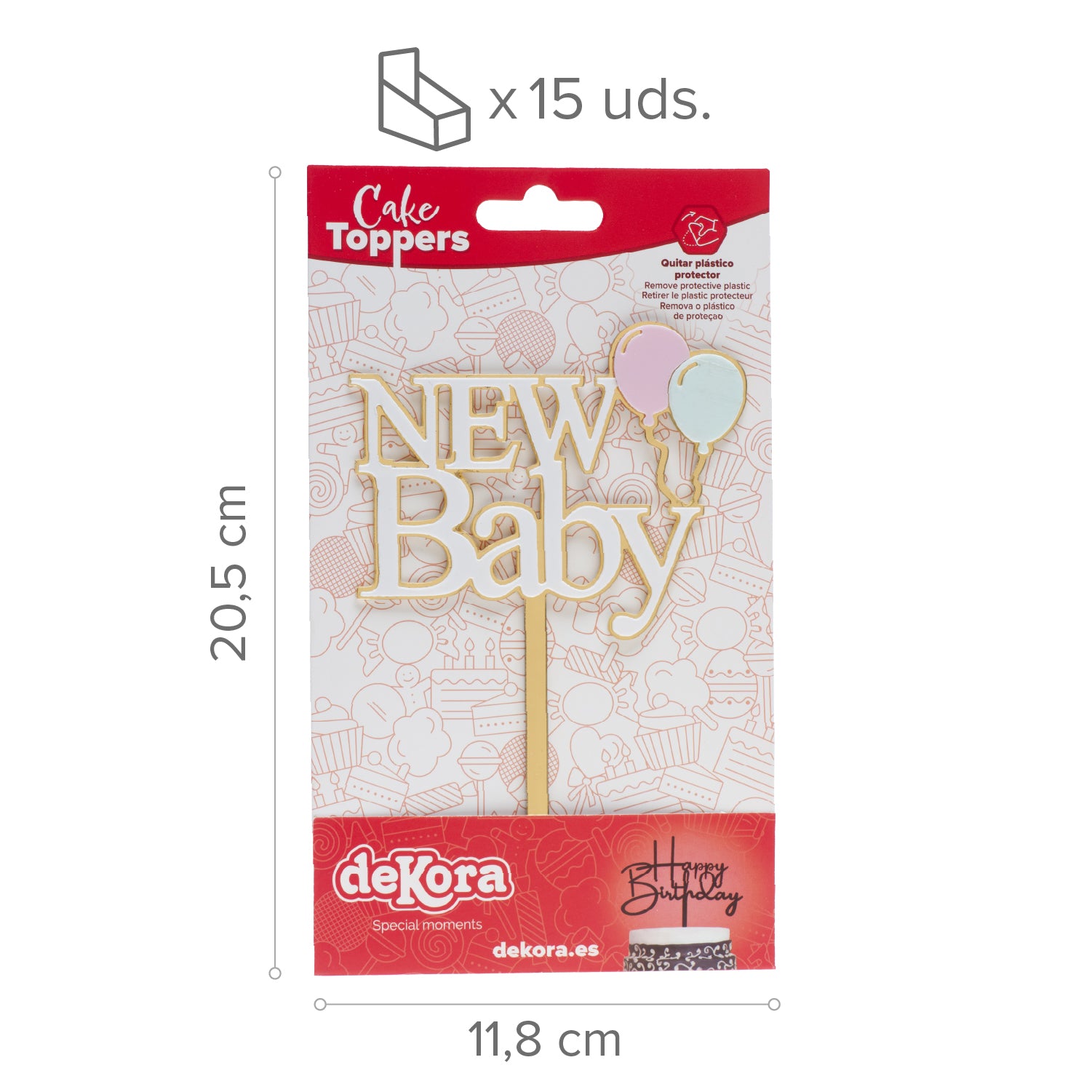 CAKE TOPPER NOVO BEBÊ DOURADO E BRANCO 10X14CM