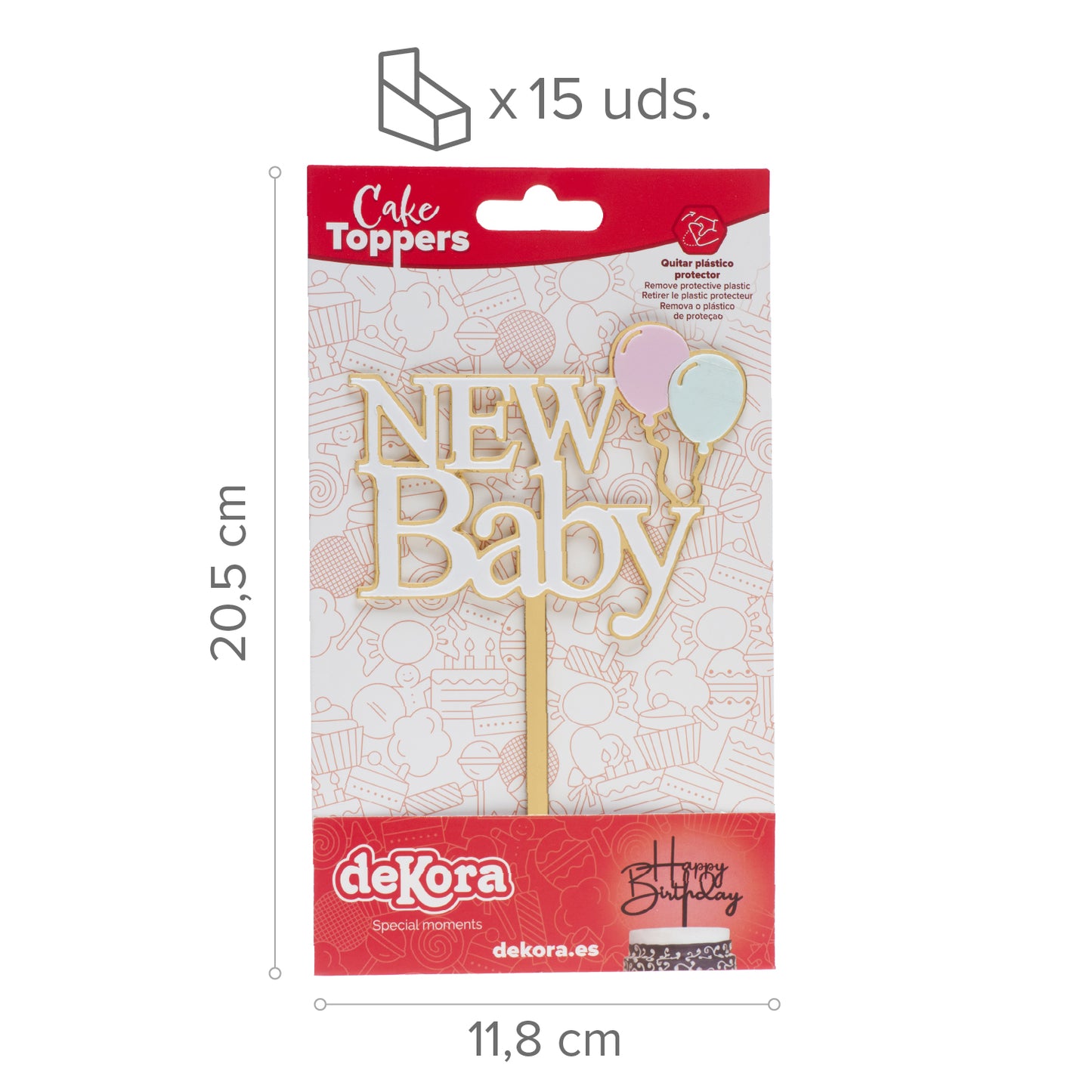 CAKE TOPPER NOVO BEBÊ DOURADO E BRANCO 10X14CM