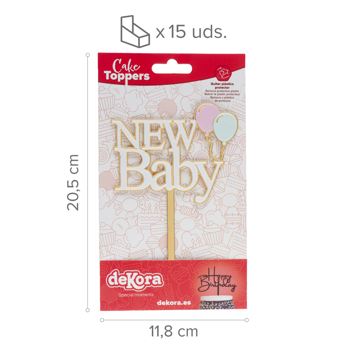 CAKE TOPPER NOVO BEBÊ DOURADO E BRANCO 10X14CM