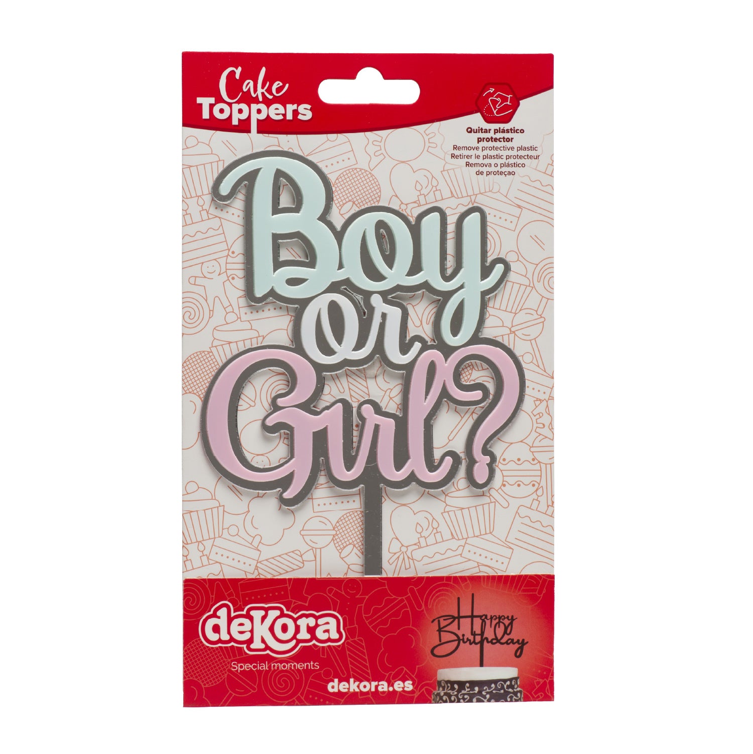 CAKE TOPPER BAMBINO O BAMBINA ARGENTO, ROSA E BLU 10,5X16,5CM