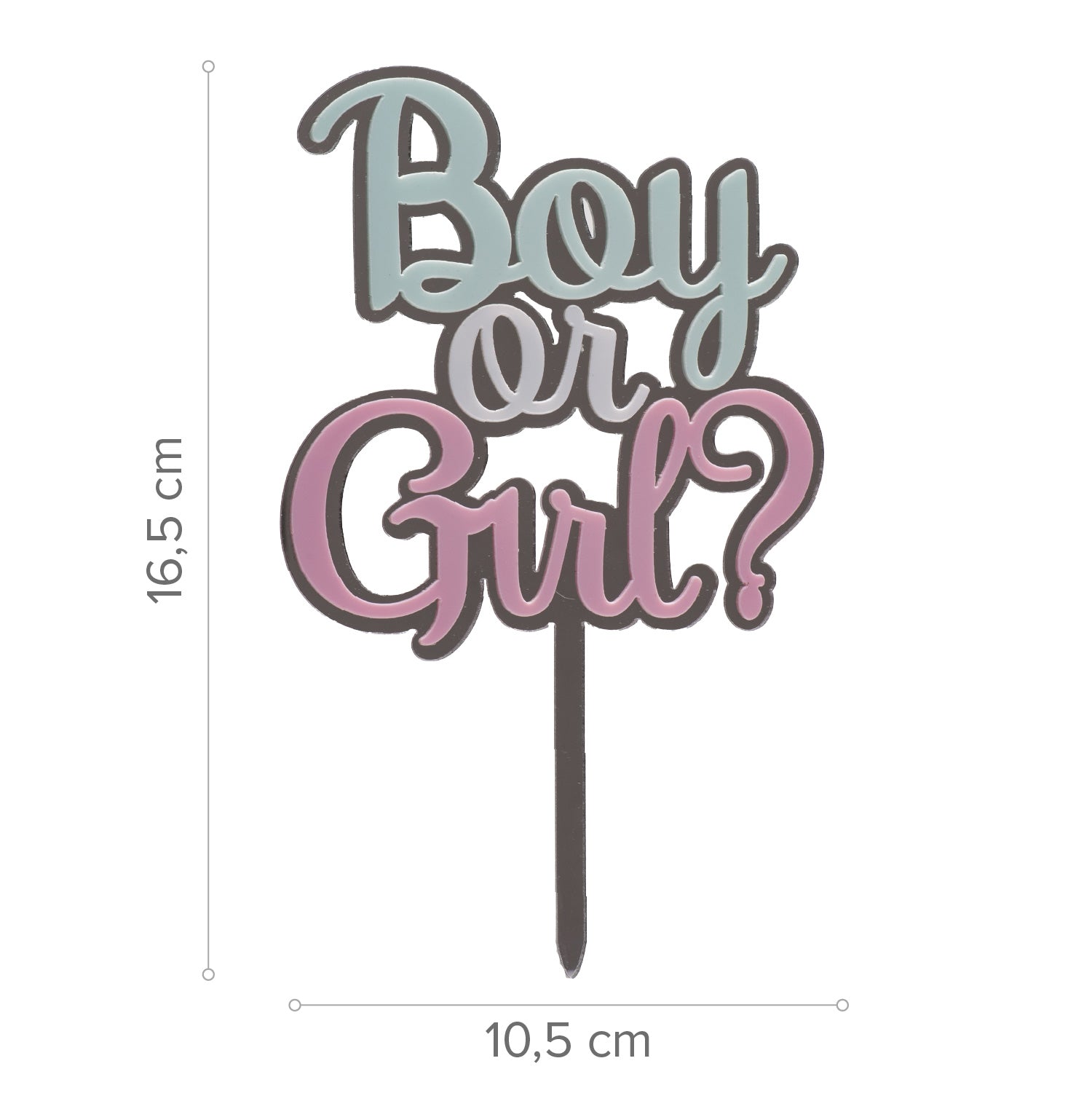 CAKE TOPPER BOY OR GIRL PLATA, ROSA Y AZUL 10,5X16,5CM