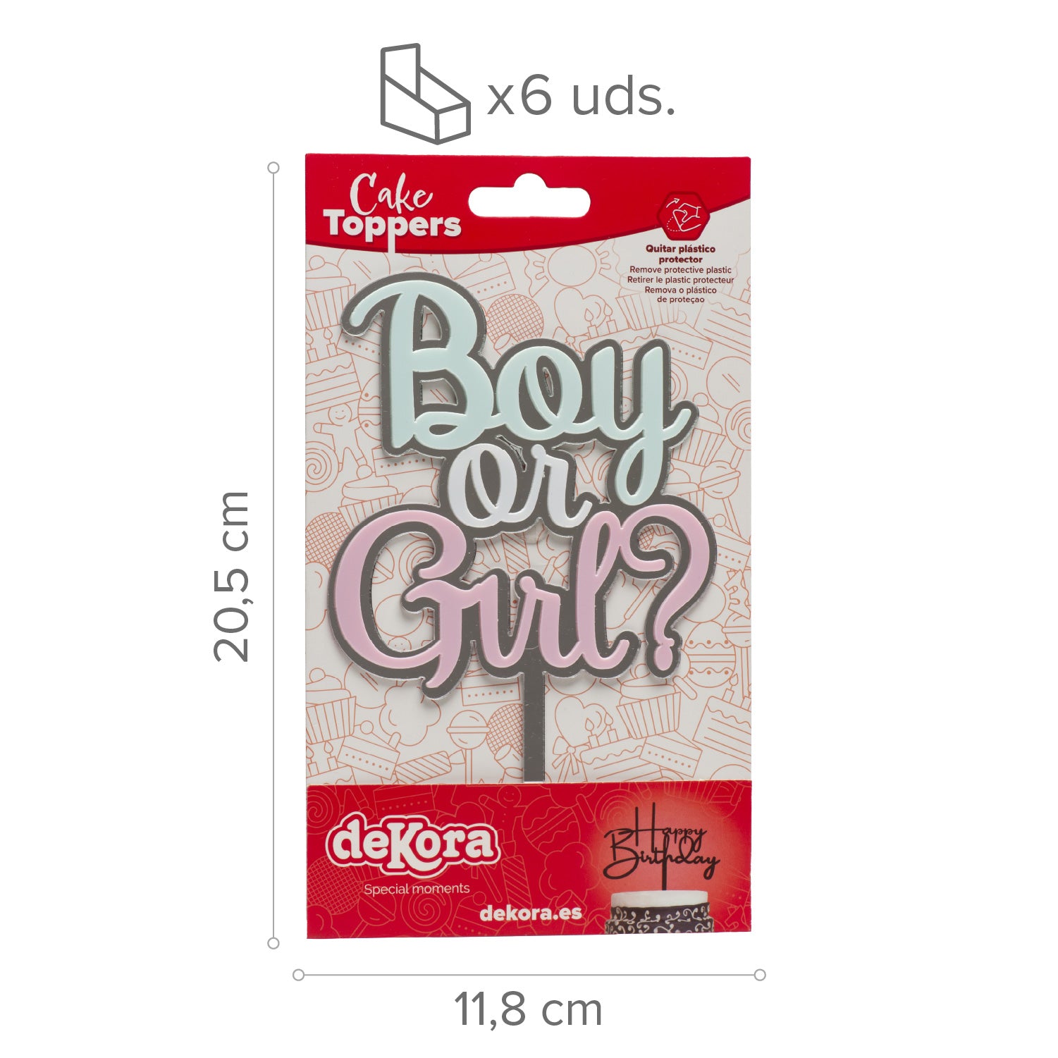 CAKE TOPPER MENINO OU MENINA PRATA, ROSA E AZUL 10,5X16,5C