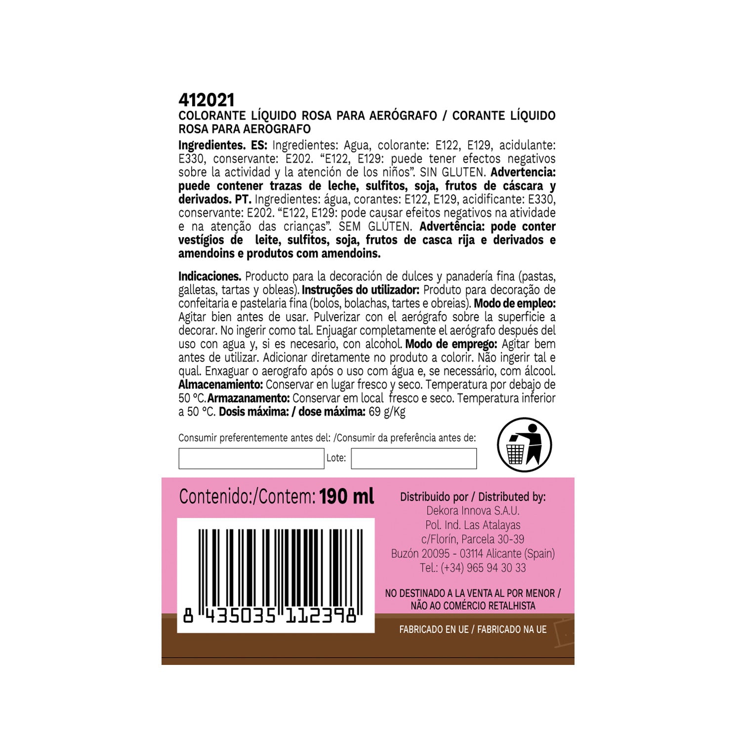 WATER-SOLUBLE LIQUID FOOD COLOURING PINK 190ML