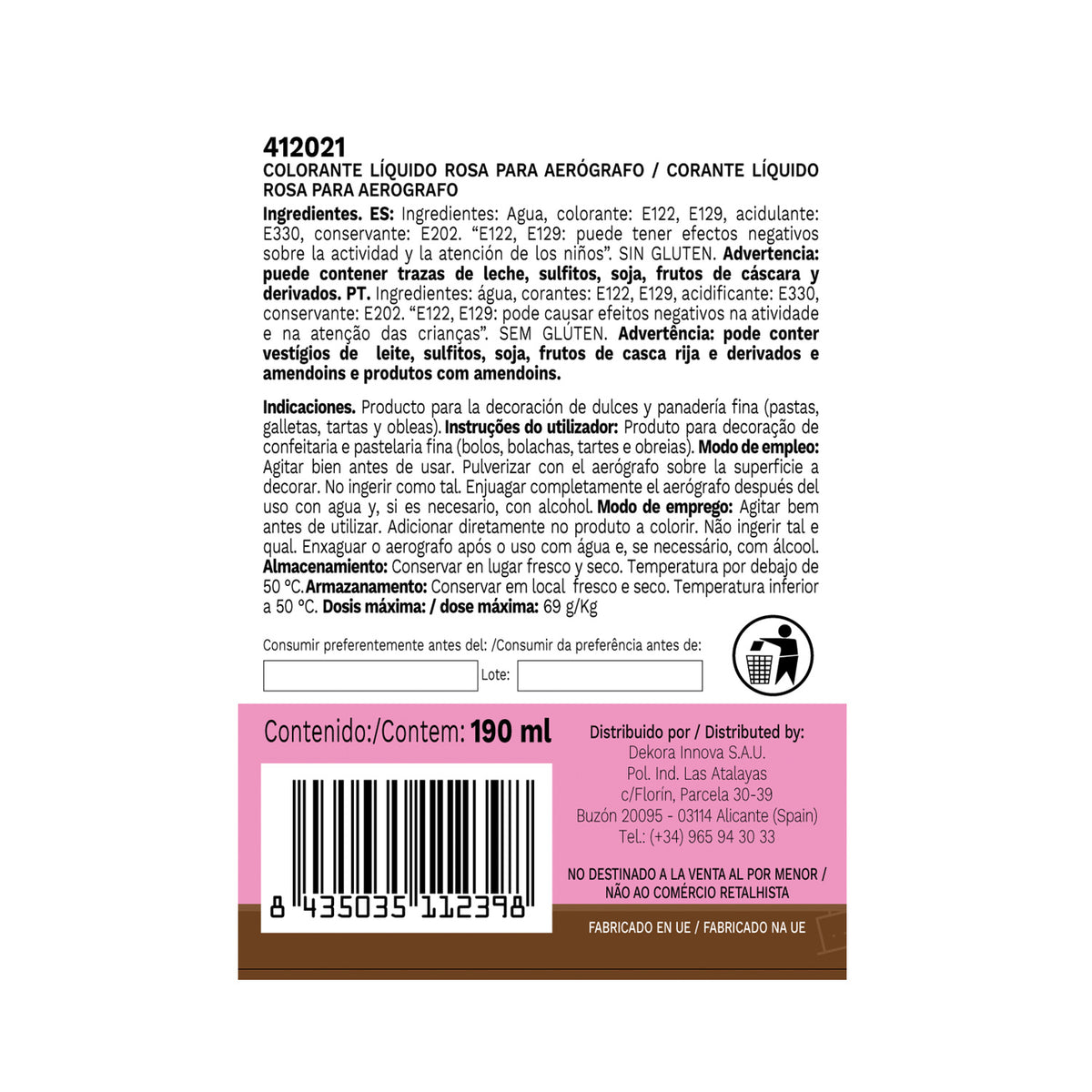 WATER-SOLUBLE LIQUID FOOD COLOURING PINK 190ML