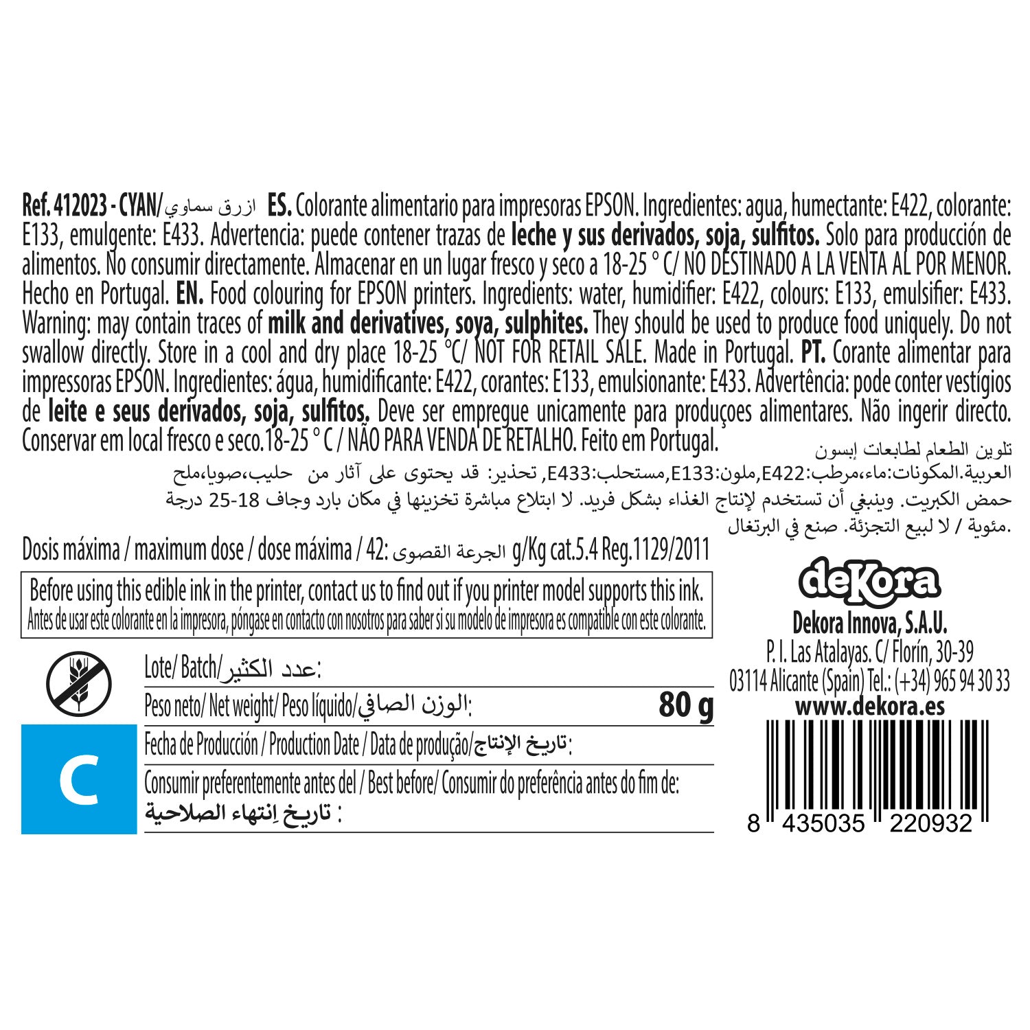 FRASCO CORANTE CIANO 100 CC P/ TINTEIROS -EPSON