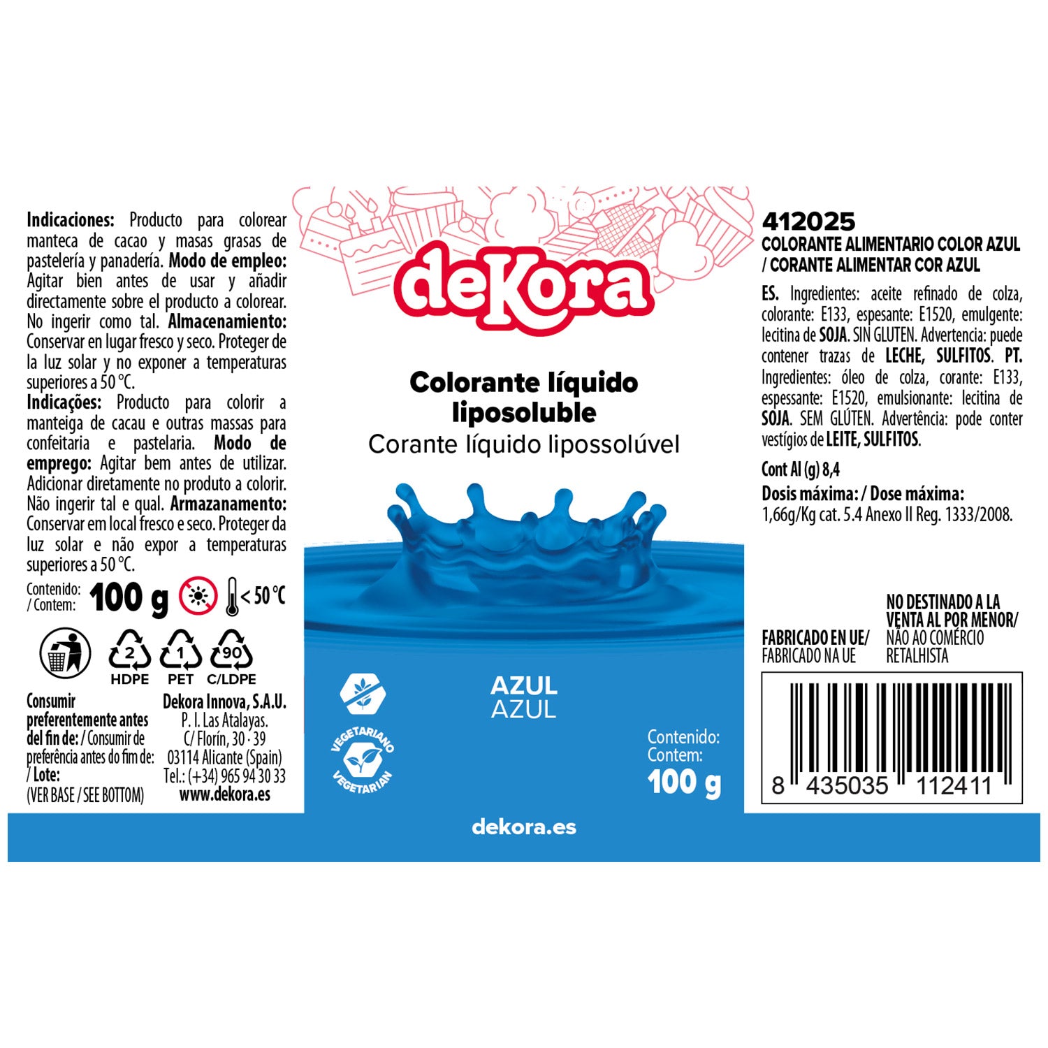 COLORANTE ALIMENTARIO LÍQUIDO LIPOSOLUBLE  AZUL 100 GR
