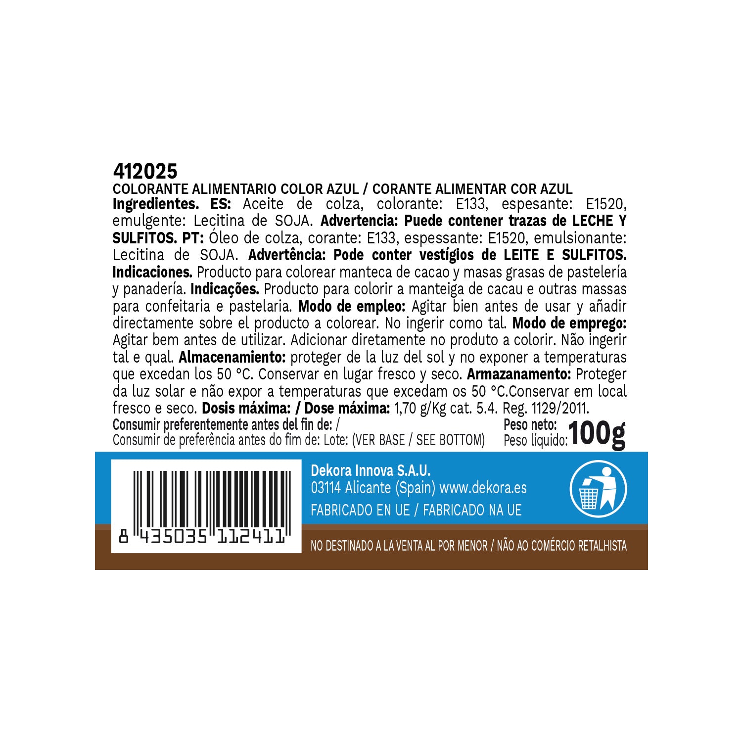 BLUE LIPOSOLUBLE LIQUID FOOD COLORANT 100 GR