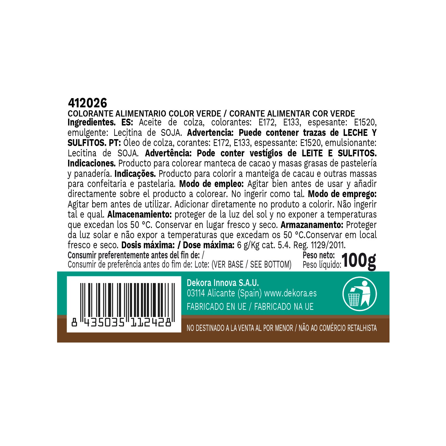 COLORANTE ALIMENTARIO LÍQUIDO LIPOSOLUBLE VERDE 100 GR