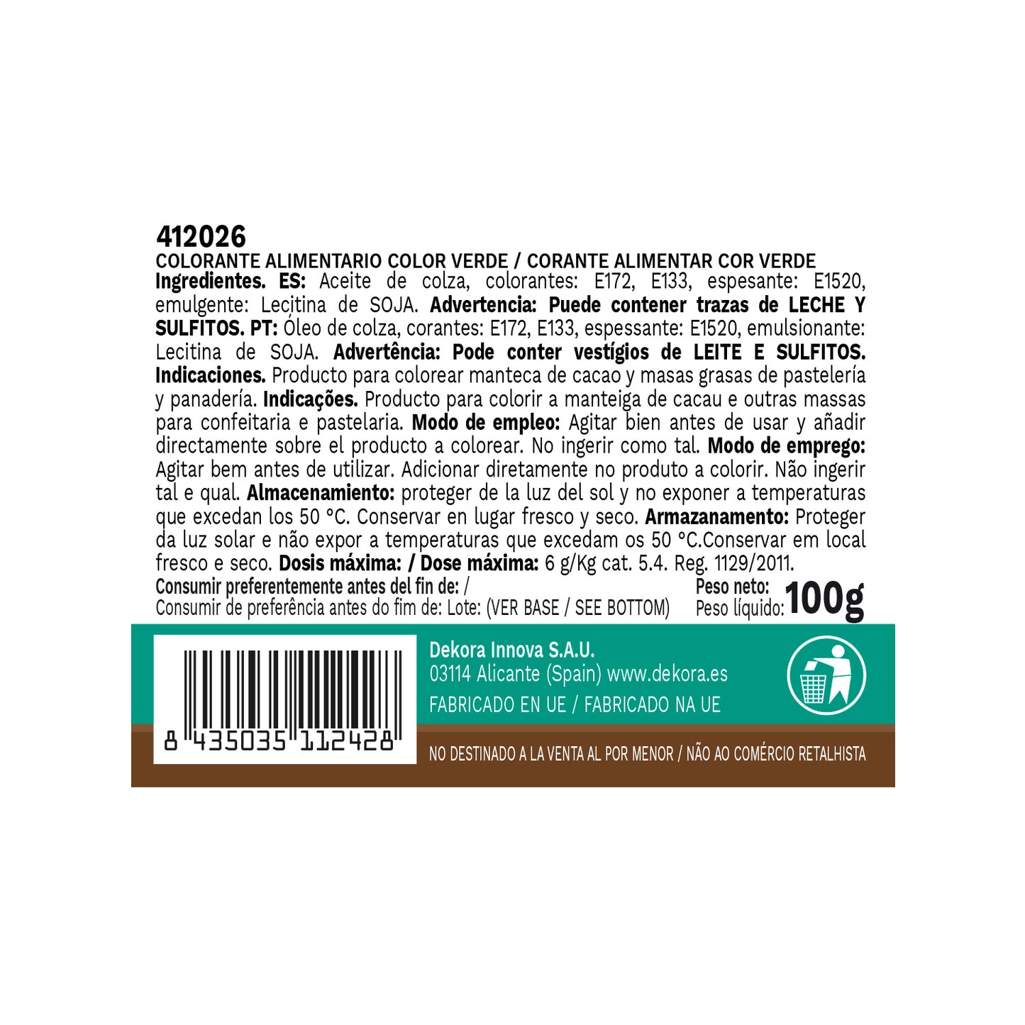 COLORANTE ALIMENTARIO LÍQUIDO LIPOSOLUBLE VERDE 100 GR