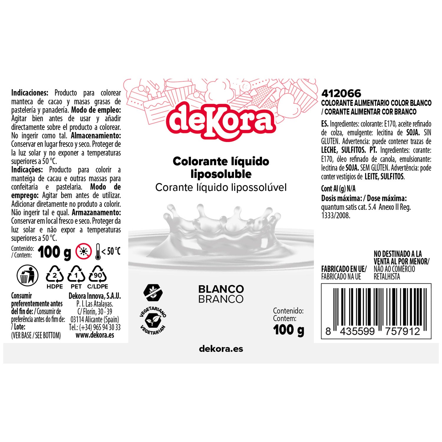 COLORANTE ALIMENTARIO LÍQUIDO LIPOSOLUBLE BLANCO 100GR SIN E171