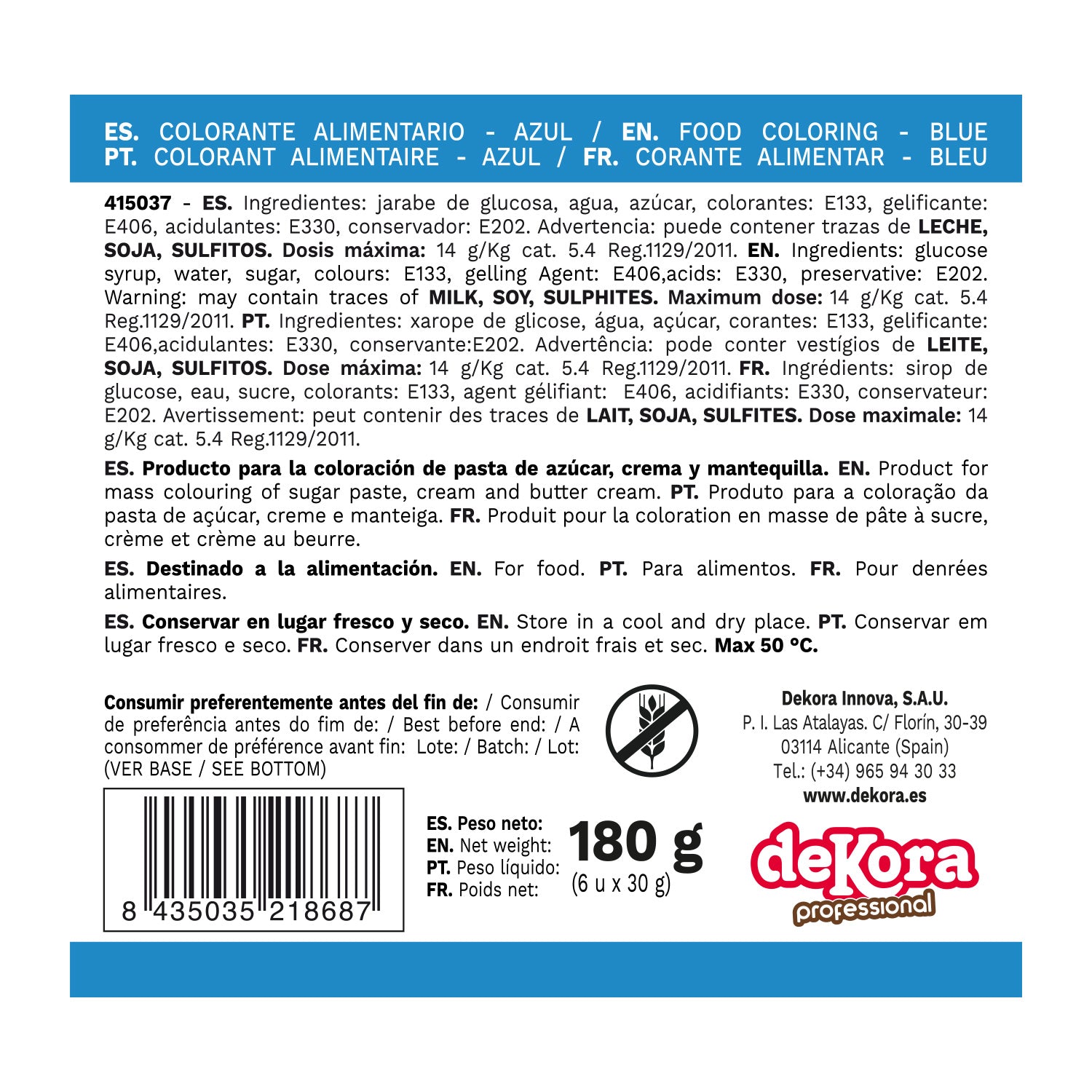 6 WATER-SOLUBLE GEL FOOD COLOURS BLUE 30G AZF