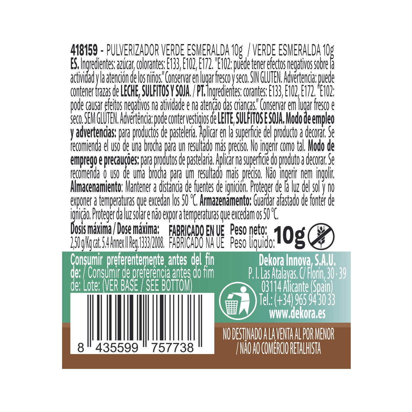 PULVERIZADOR VERDE ESMERALDA PERLADO 10G SIN E171