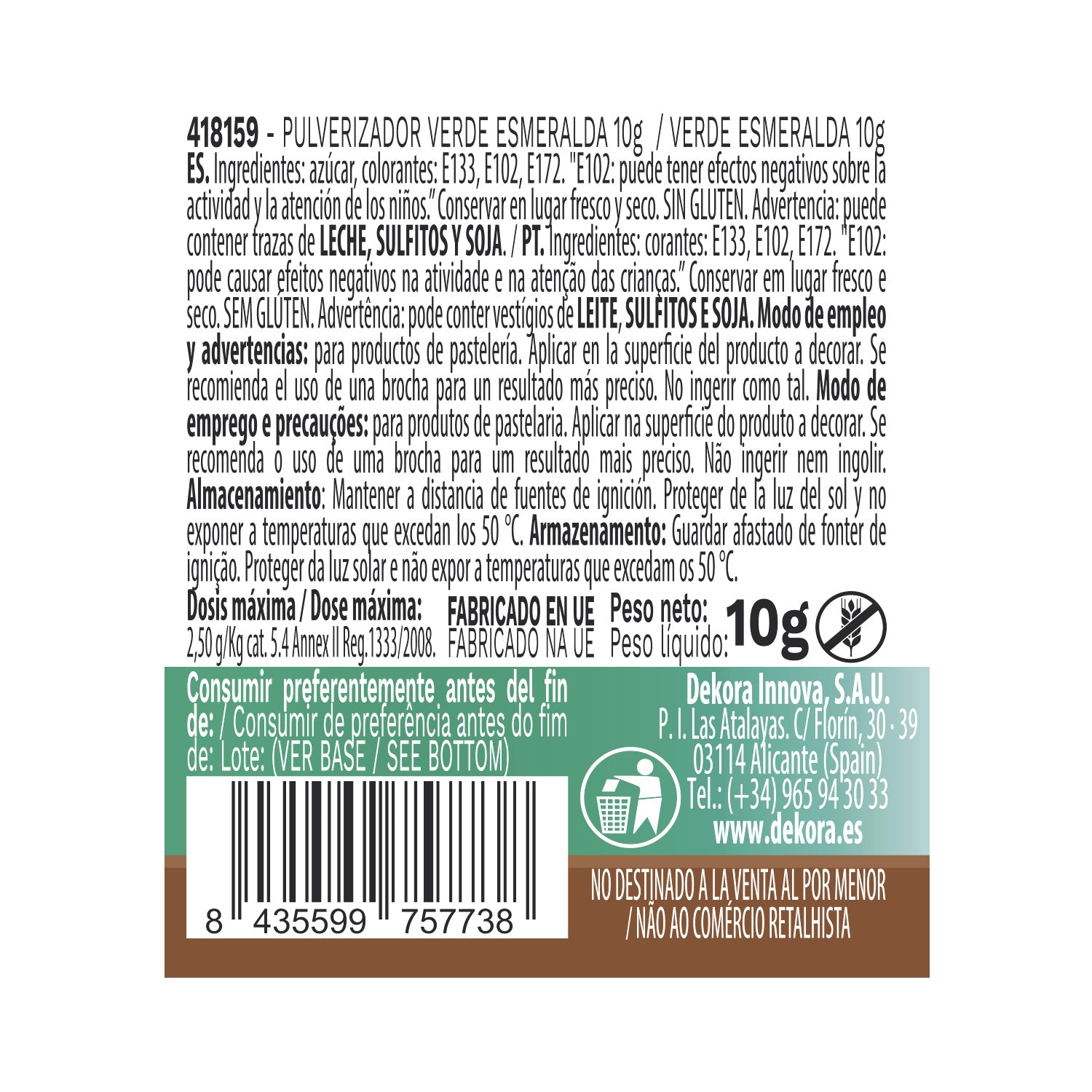 PULVERIZADOR VERDE ESMERALDA PERLADO 10G SIN E171