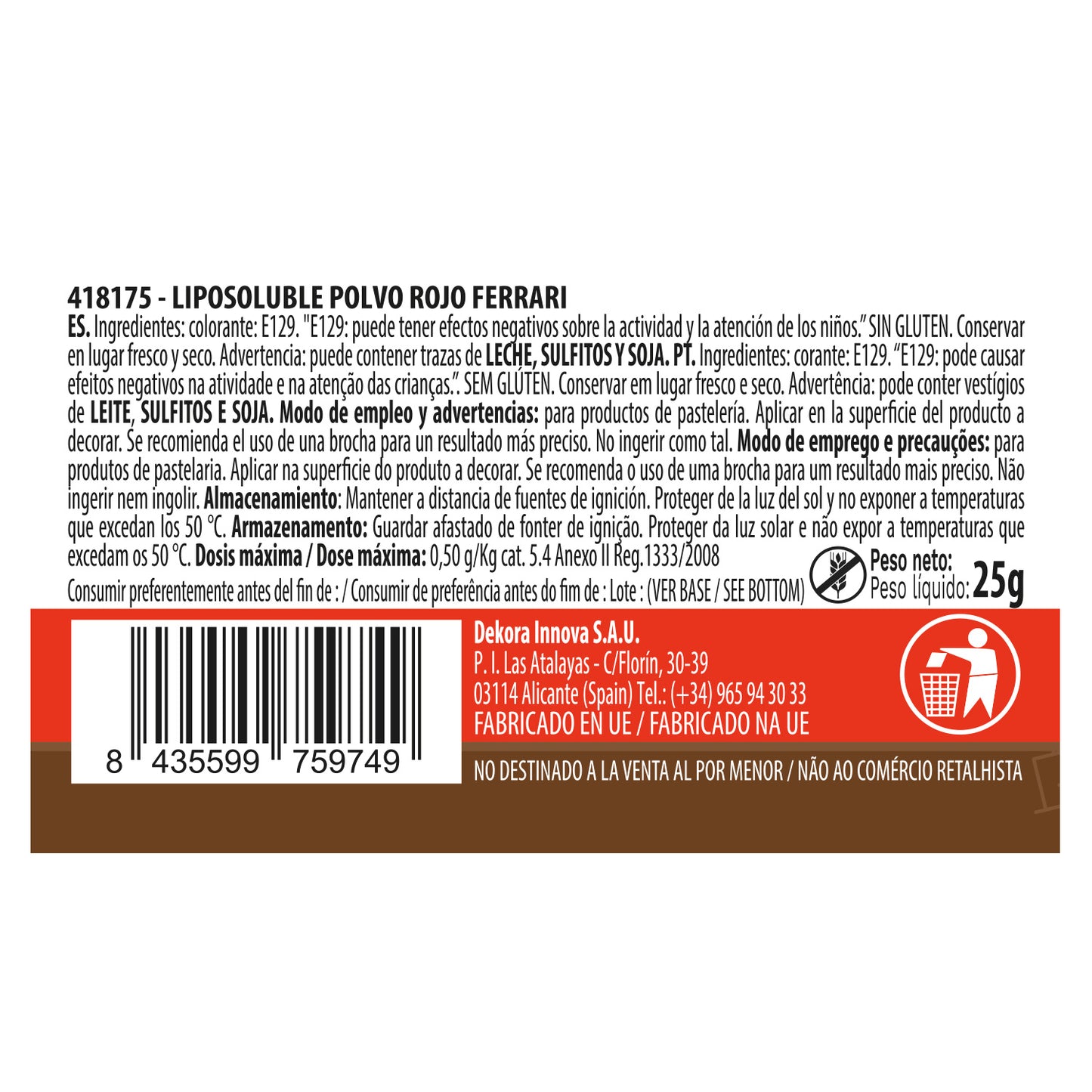 COLORANTE LIPOSOLUBLE ROJO FERRARI EN POLVO 25G