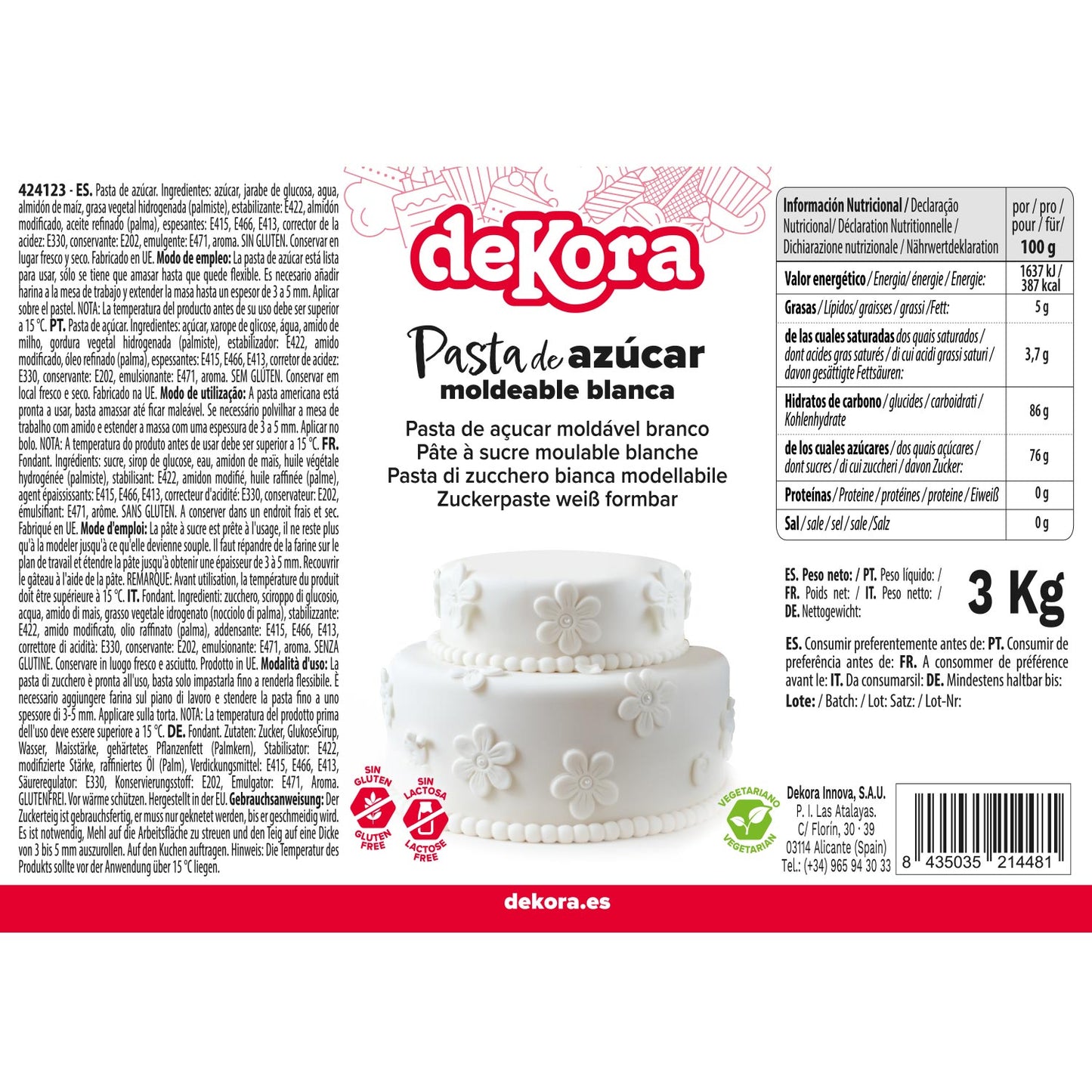 PASTA AZÚCAR/FONDANT BLANCO SIN GLUTEN 3KG