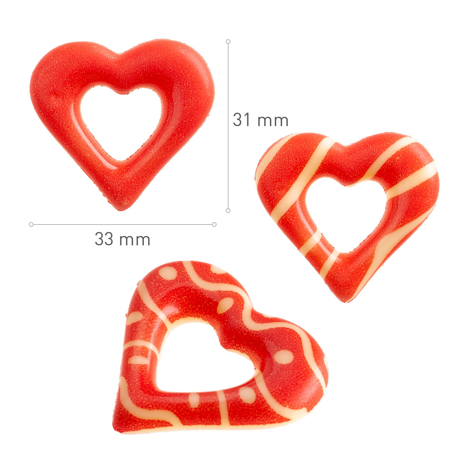 CORAÇÕES DE CHOCOLATE BRANCO SORTIDO COM FURO 33X31MM